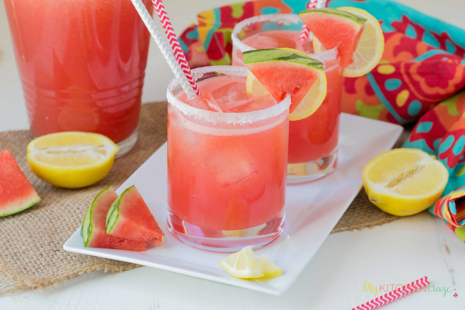 Spiked Watermelon Lemonade ~ mykitchencraze.com ~ This drink is a delicious blend of watermelon, frozen lemonade and vodka. This is one adult drink you won't want to pass up this summer!