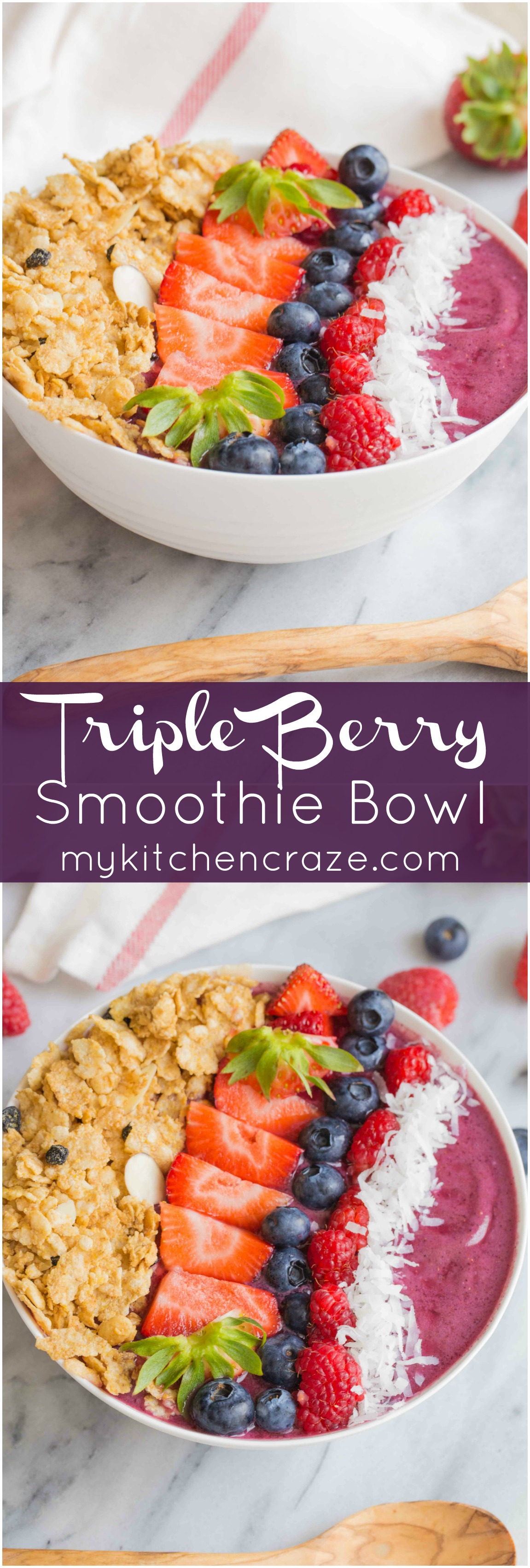 Triple Berry Smoothie Bowl ~ mykitchencraze.com ~ #CerealAnytime #ad