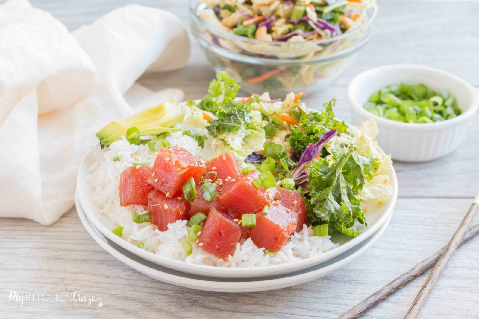 Ahi Tuna Poke Bowls ~ mykitchencraze.com ~ Ahi Tuna Poke Bowls are refreshing and a delicious recipe This easy recipe is great for parties or to enjoy as a family meal.