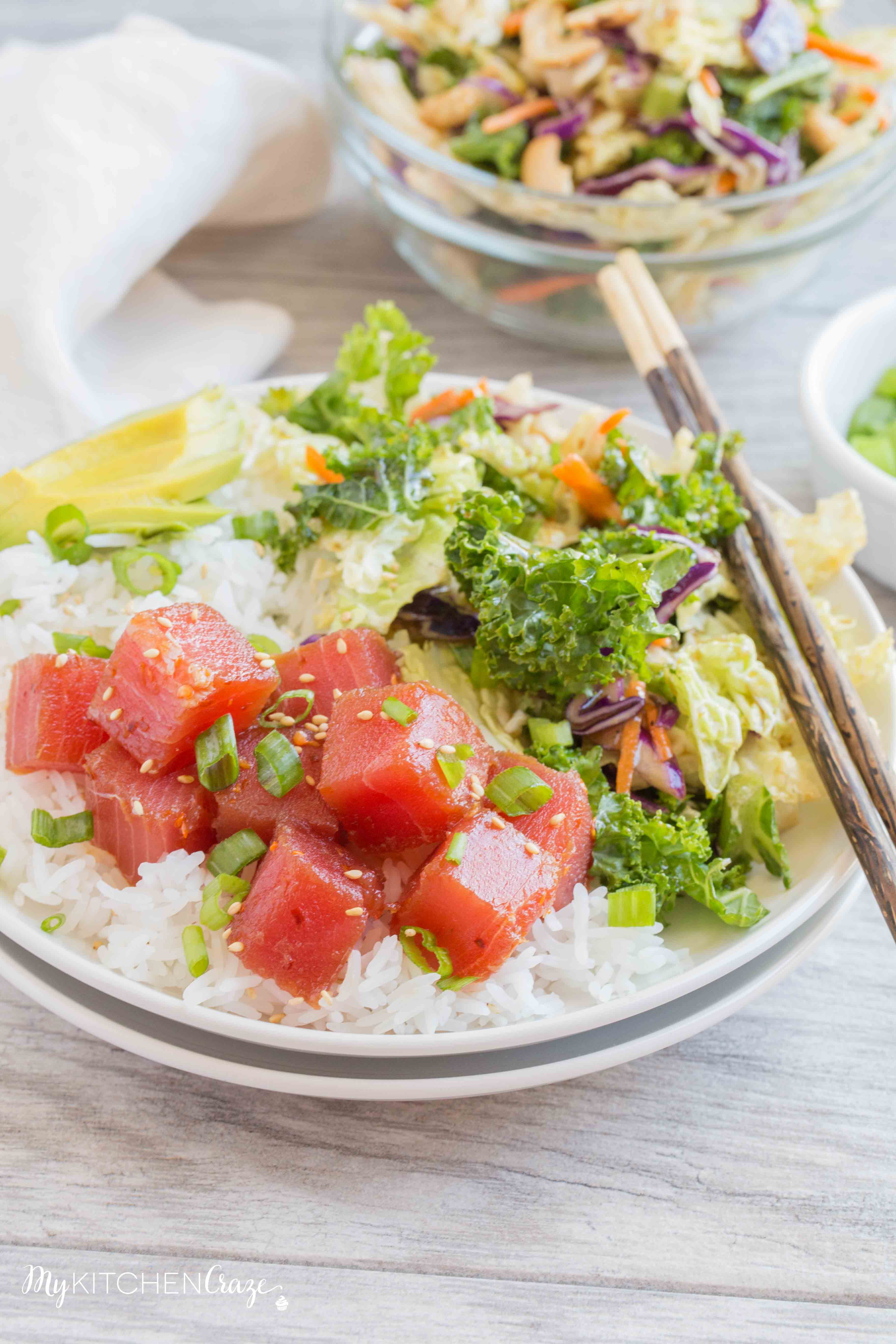 Ahi Tuna Poke Bowls ~ mykitchencraze.com ~ Ahi Tuna Poke Bowls are refreshing and a delicious recipe This easy recipe is great for parties or to enjoy as a family meal.
