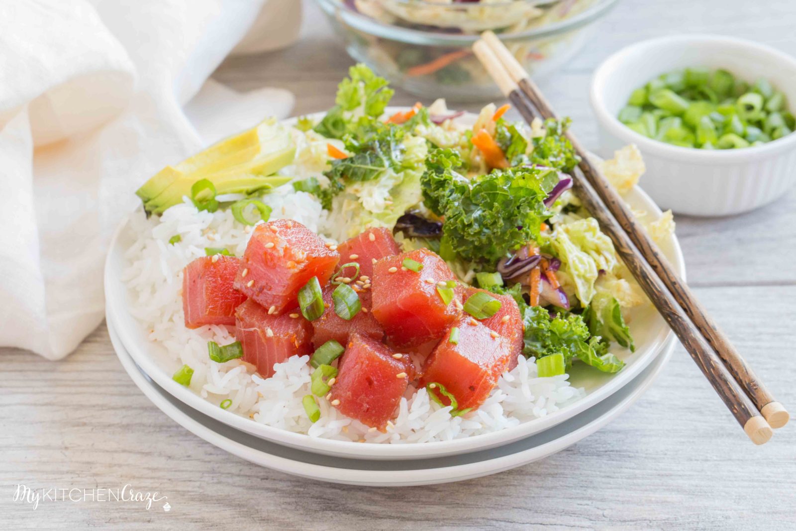 Ahi Tuna Poke Bowls ~ mykitchencraze.com ~ Ahi Tuna Poke Bowls are refreshing and a delicious recipe This easy recipe is great for parties or to enjoy as a family meal.