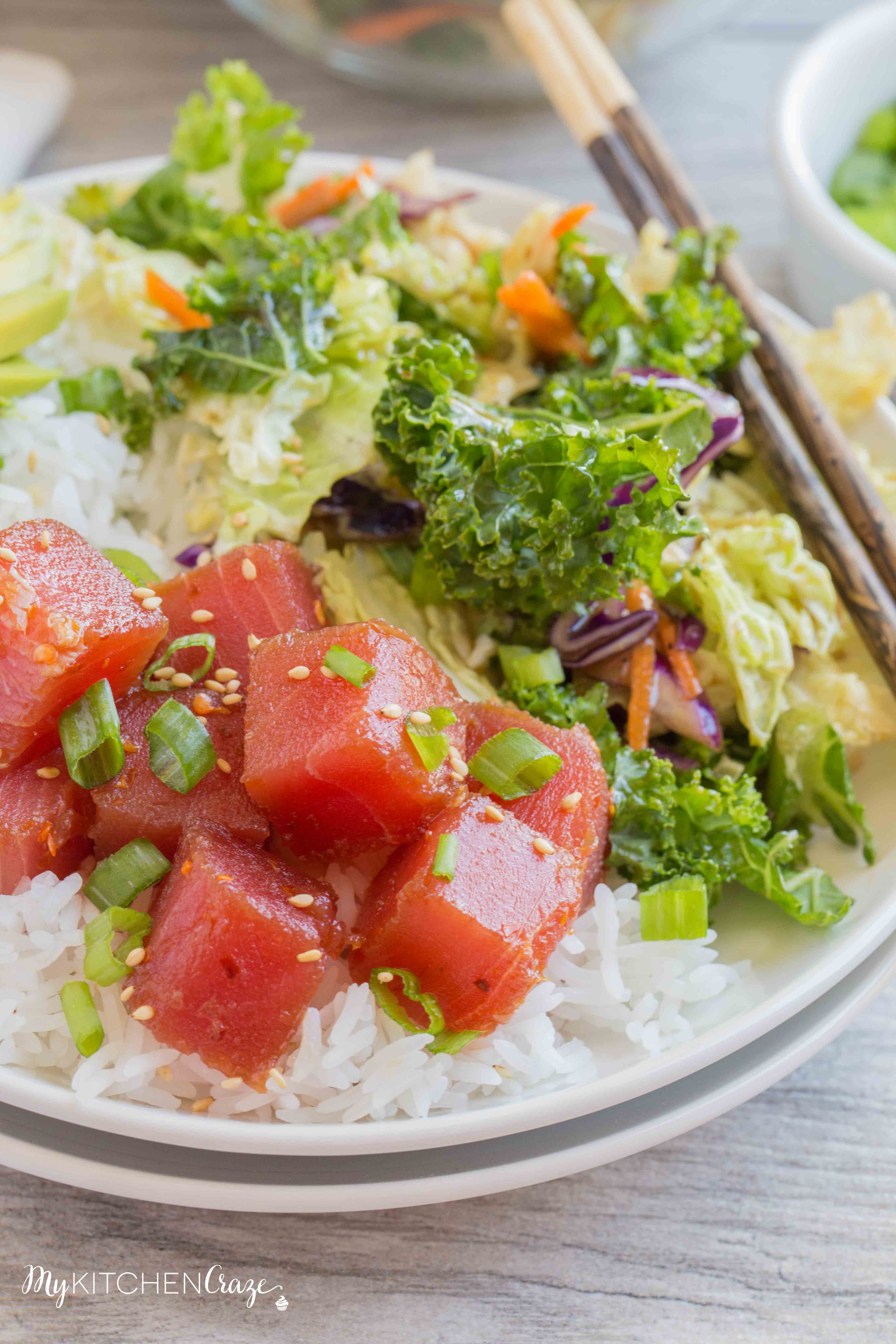 Ahi Tuna Poke Bowls ~ mykitchencraze.com ~ Ahi Tuna Poke Bowls are refreshing and a delicious recipe This easy recipe is great for parties or to enjoy as a family meal.