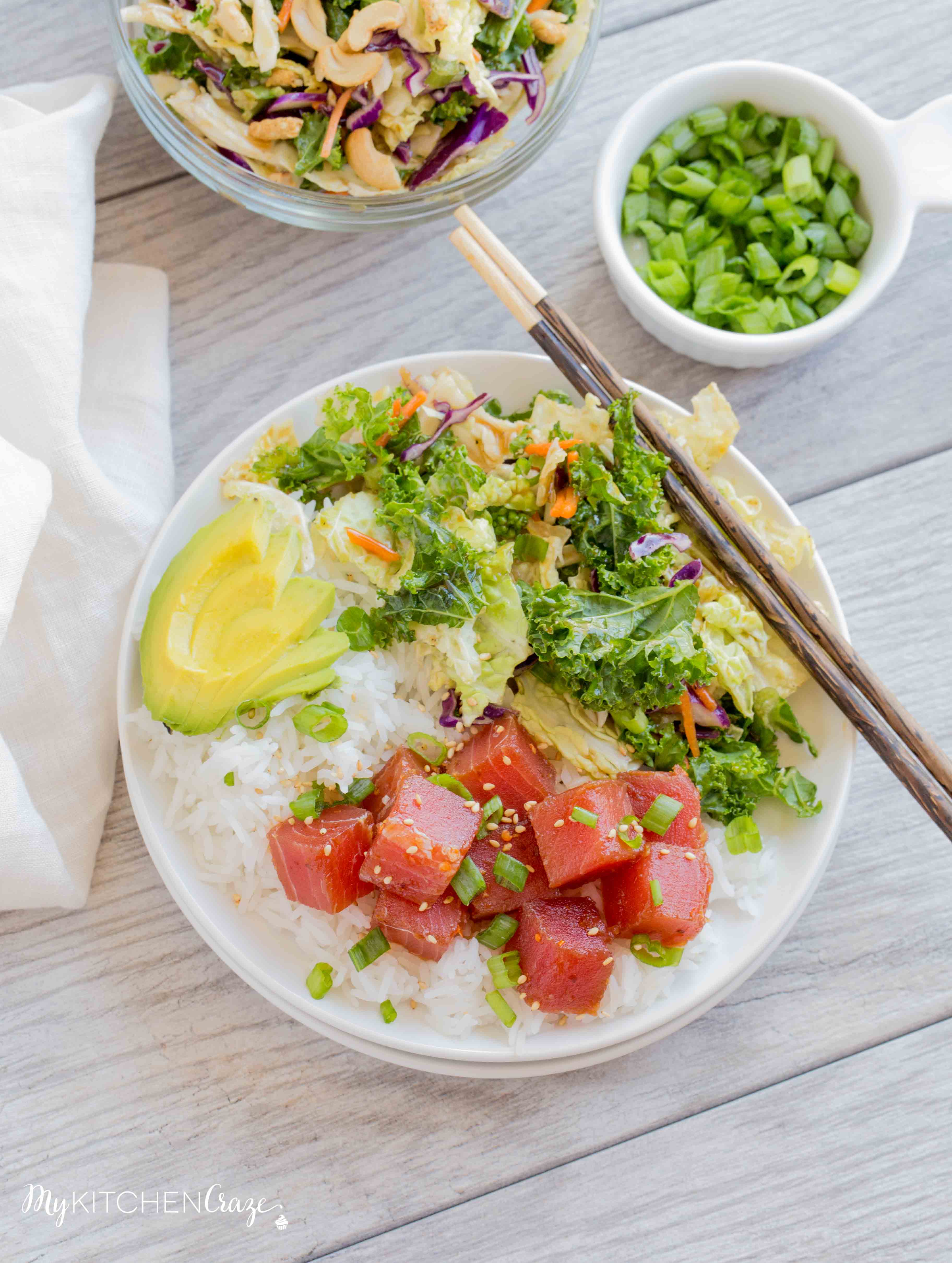 Ahi Tuna Poke Bowls ~ mykitchencraze.com ~ Ahi Tuna Poke Bowls are refreshing and a delicious recipe This easy recipe is great for parties or to enjoy as a family meal.