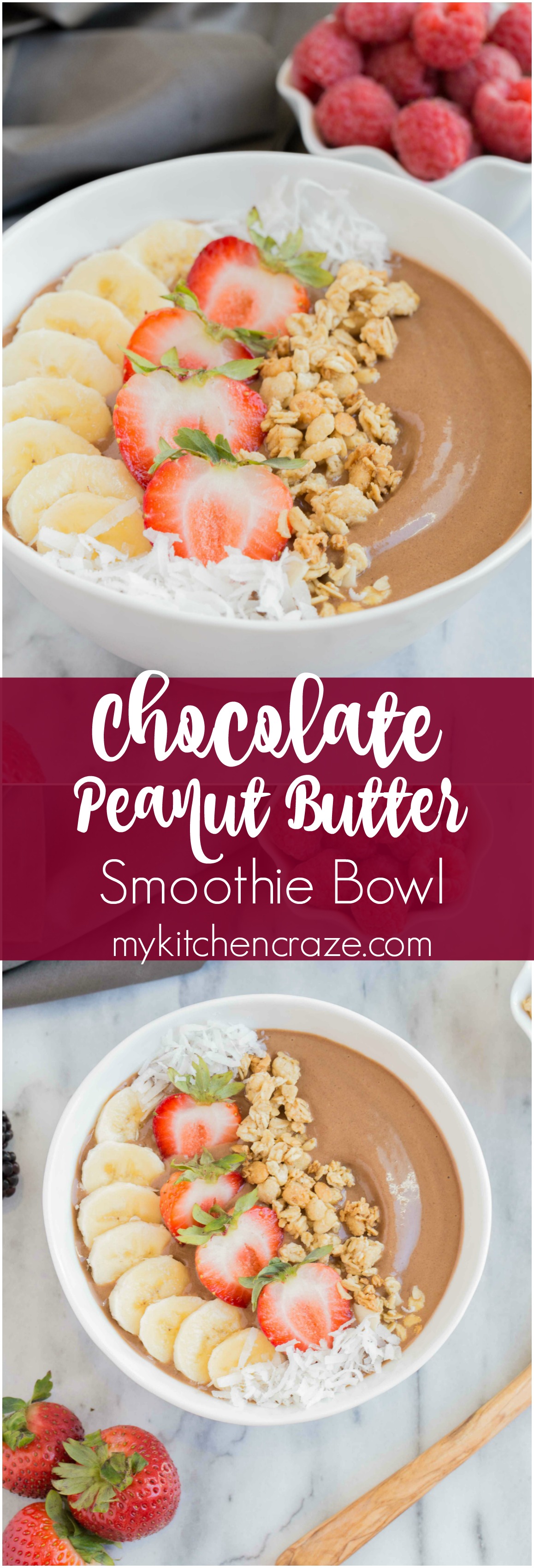 Chocolate Peanut Butter Smoothie Bowl ~ mykitchencraze.com ~ Perfect fun and hearty breakfast to fill those kids and adults up for their day!