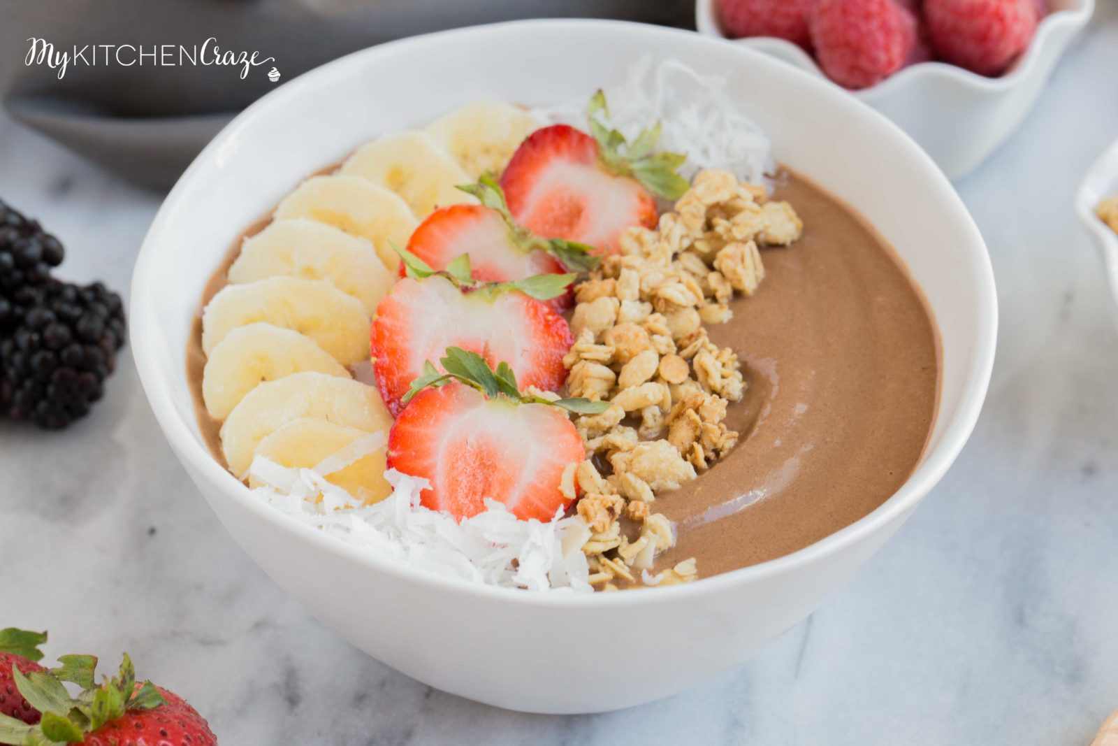 Chocolate Peanut Butter Smoothie Bowl ~ mykitchencraze.com ~ Perfect fun and hearty breakfast to fill those kids and adults up for their day!