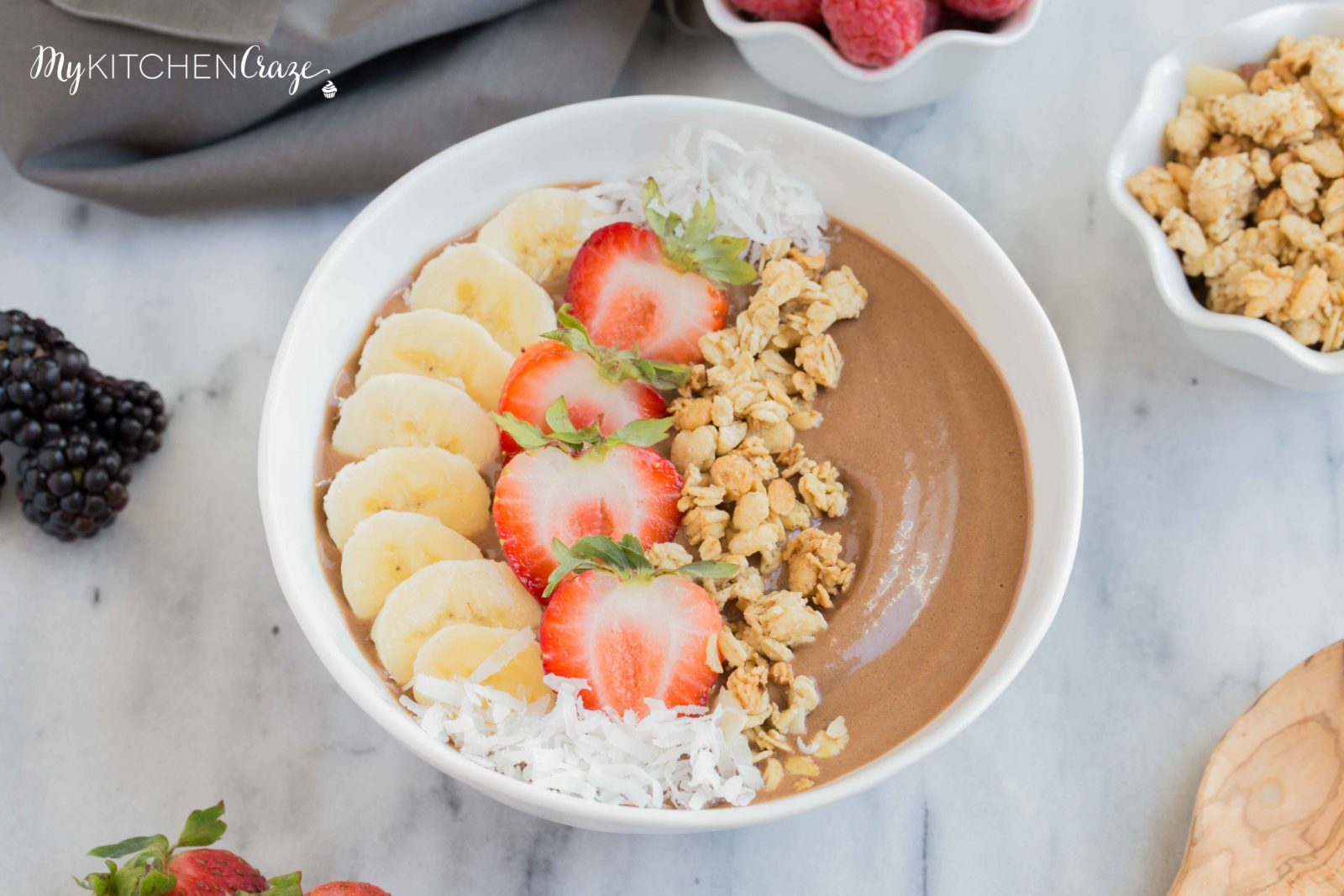 Chocolate Peanut Butter Smoothie Bowl ~ mykitchencraze.com ~ Perfect fun and hearty breakfast to fill those kids and adults up for their day!