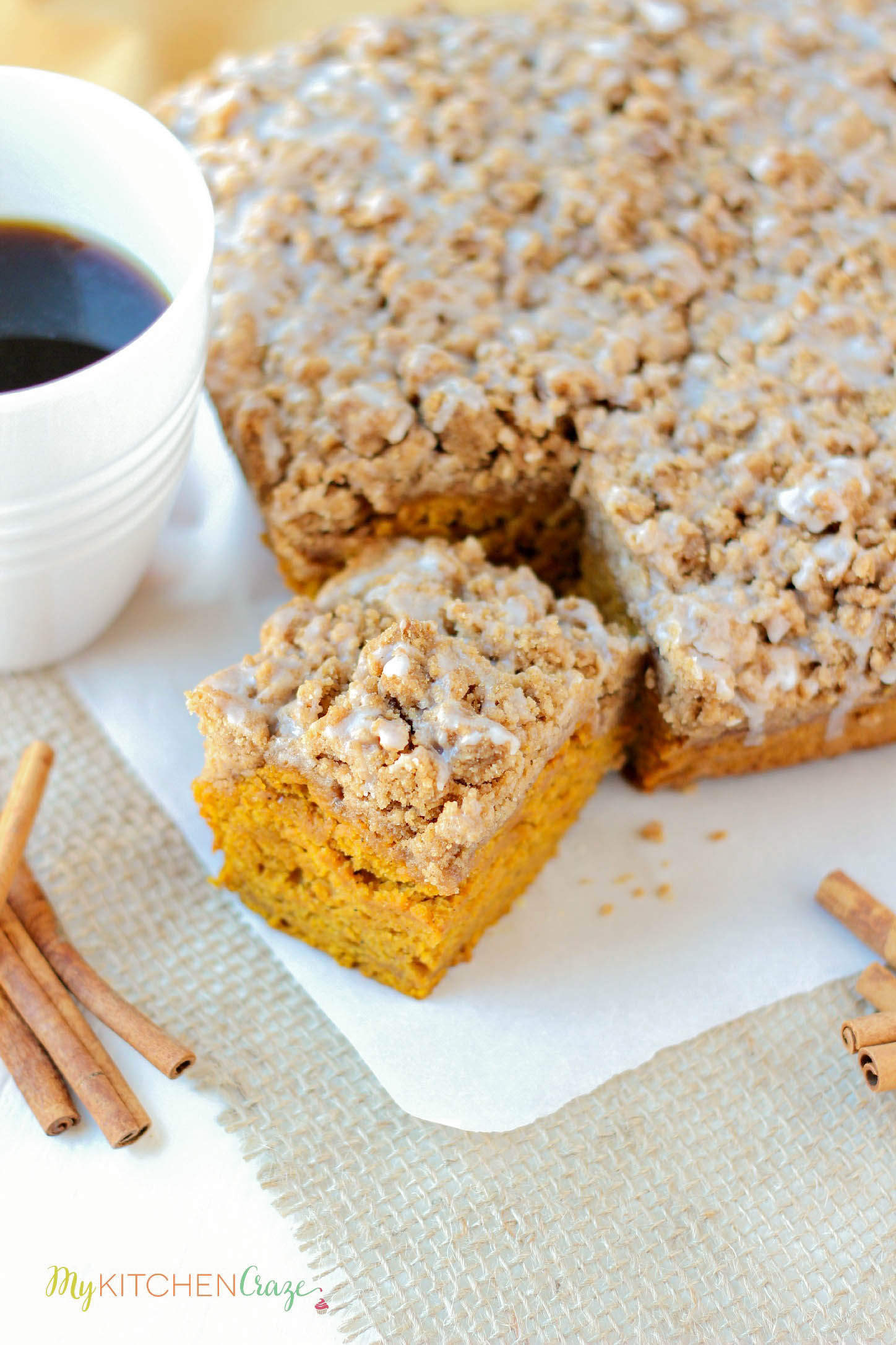 Pumpkin Coffee Cake ~ mykitchencraze.com ~ Delicious and moist, this Pumpkin Coffee Cake will have everyone running back for another slice.