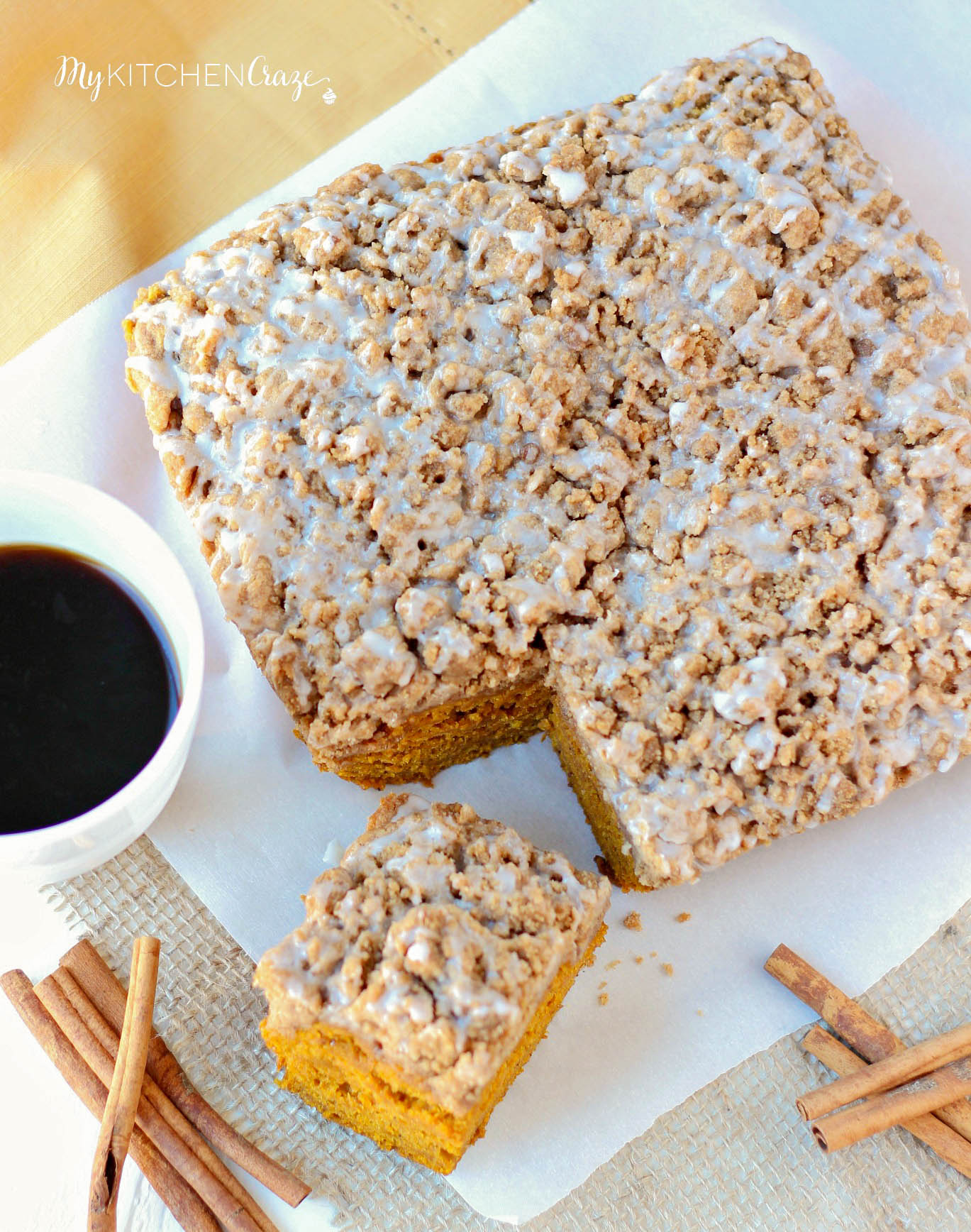 Pumpkin Coffee Cake ~ mykitchencraze.com ~ Delicious and moist, this Pumpkin Coffee Cake will have everyone running back for another slice.