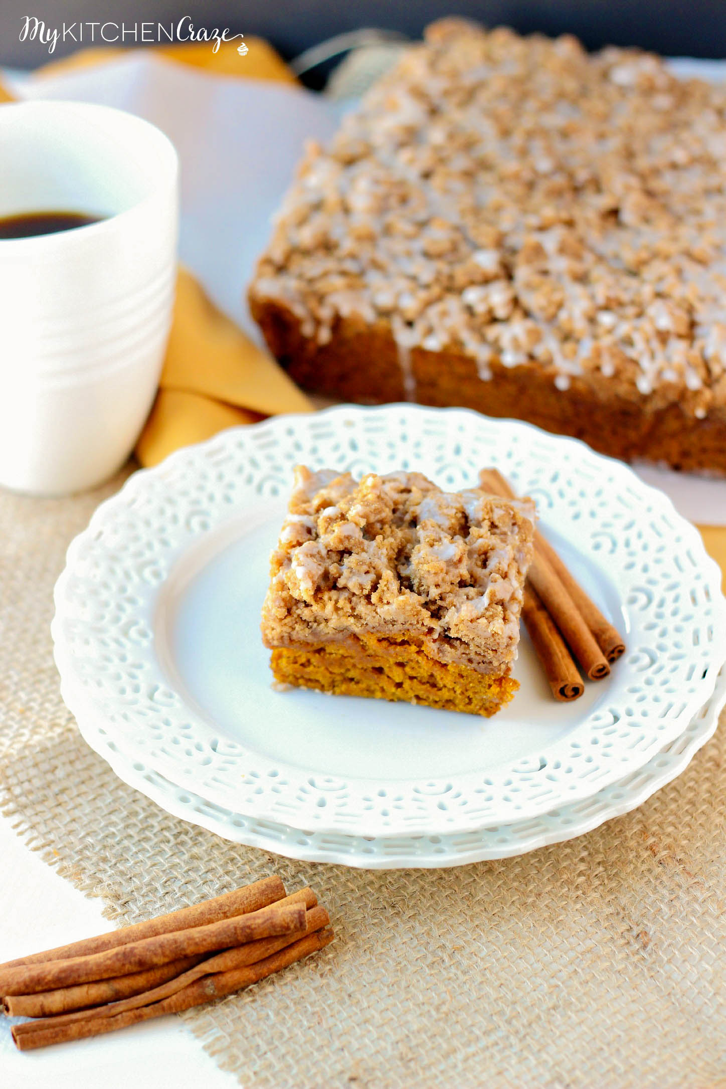 Pumpkin Coffee Cake ~ mykitchencraze.com ~ Delicious and moist, this Pumpkin Coffee Cake will have everyone running back for another slice.