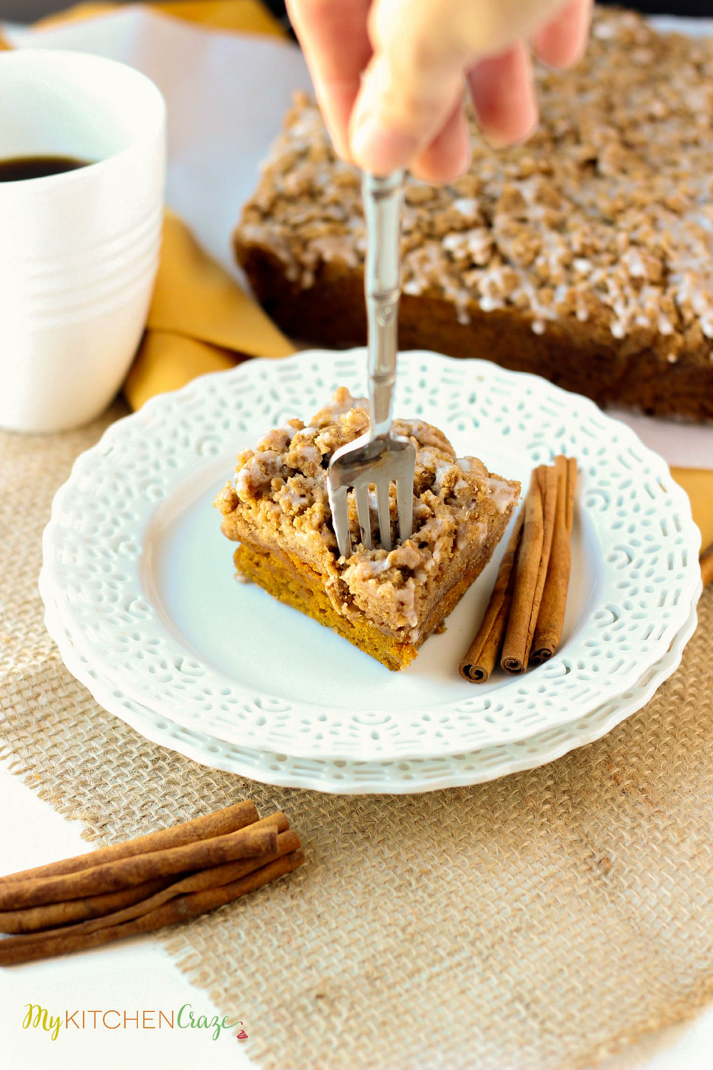 Pumpkin Coffee Cake ~ mykitchencraze.com ~ Delicious and moist, this Pumpkin Coffee Cake will have everyone running back for another slice.