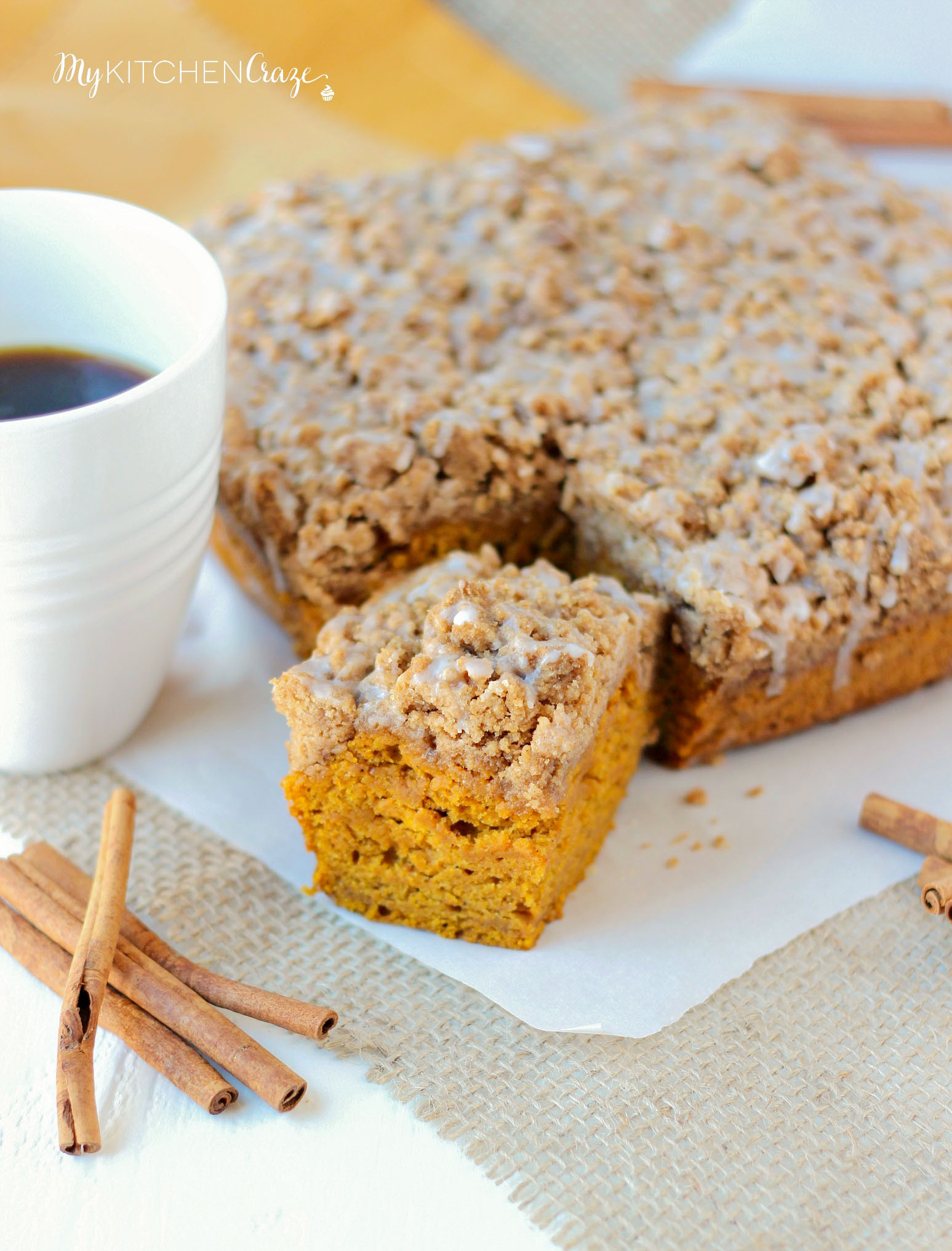 Pumpkin Coffee Cake ~ mykitchencraze.com ~ Delicious and moist, this Pumpkin Coffee Cake will have everyone running back for another slice.