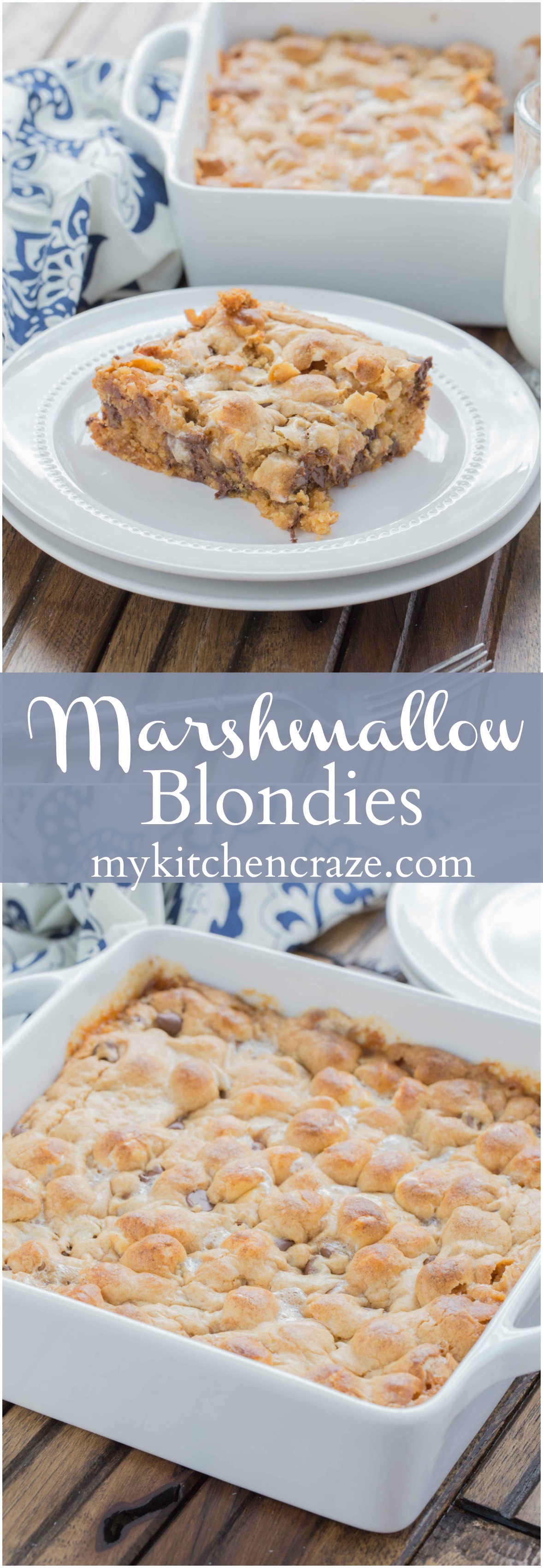 Marshmallow Blondies ~ mykitchencraze.com ~ Need a tasty and quick dessert? These Marshmallow Blondies are it. Filled with peanut butter chips, chocolate chips, mini marshmallows, baked to perfection and voila, you have yourself a tasty treat!