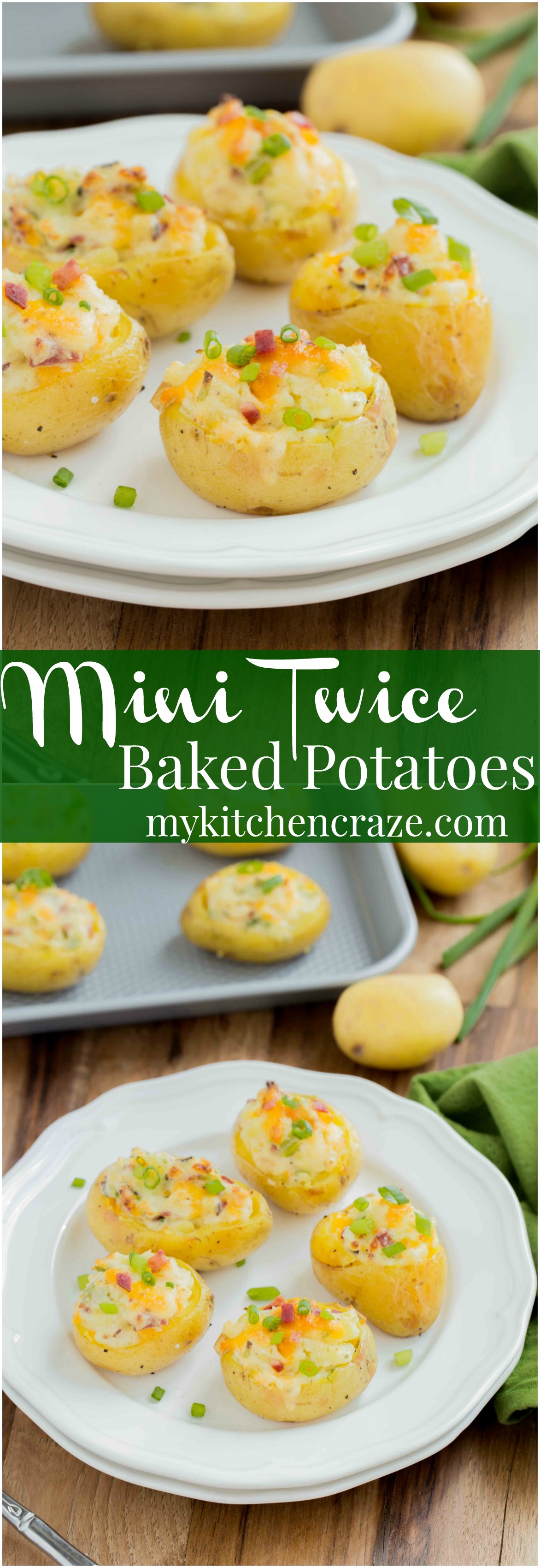 Mini Twice Baked Potatoes ~ Potatoes baked to perfection then loaded with bacon, green onions and cheese. All the yummy things you need for a side! These mini twice baked potatoes are the perfect side.