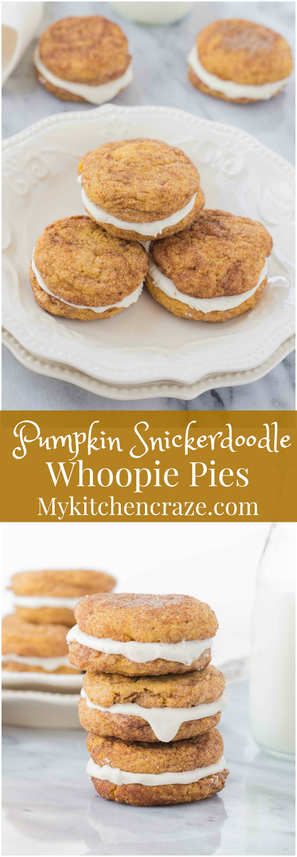 Pumpkin Snickerdoodle Whoopie Pies ~ Moist, delicious cookies filled with marshmallow cream! Perfect for this Fall season!