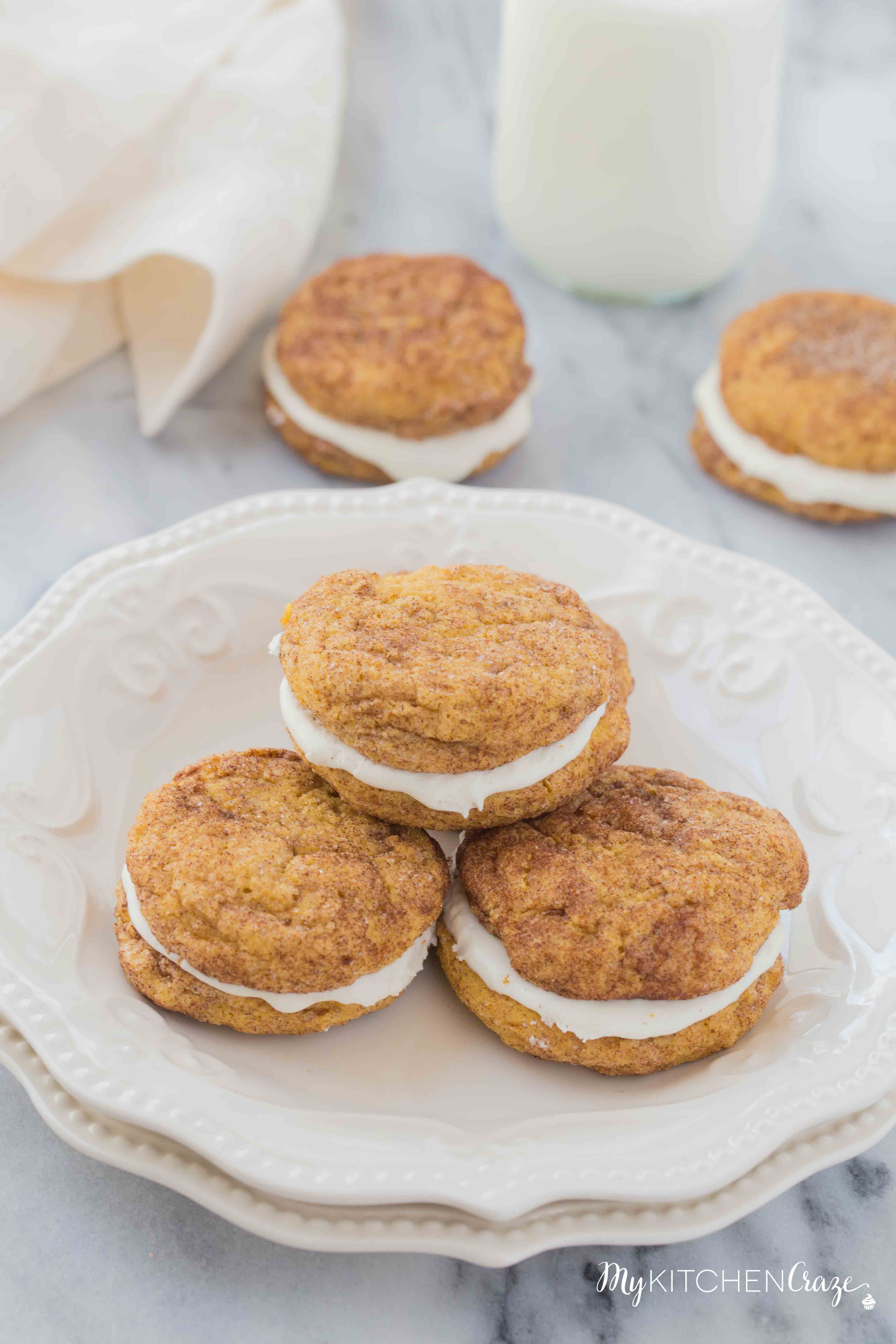 Pumpkin Snickerdoodle Whoopie Pies ~ Moist, delicious cookies filled with marshmallow cream! Perfect for this Fall season!