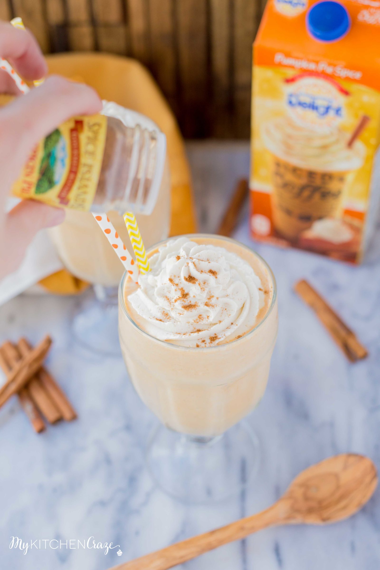 Pumpkin Spice Milkshake ~ mykitchencraze.com ~ Start your Fall season off right and make this delicious Pumpkin Spice Milkshake. Filled with all the pumpkin flavors, it's like a piece of pumpkin pie in a drink. Yum!