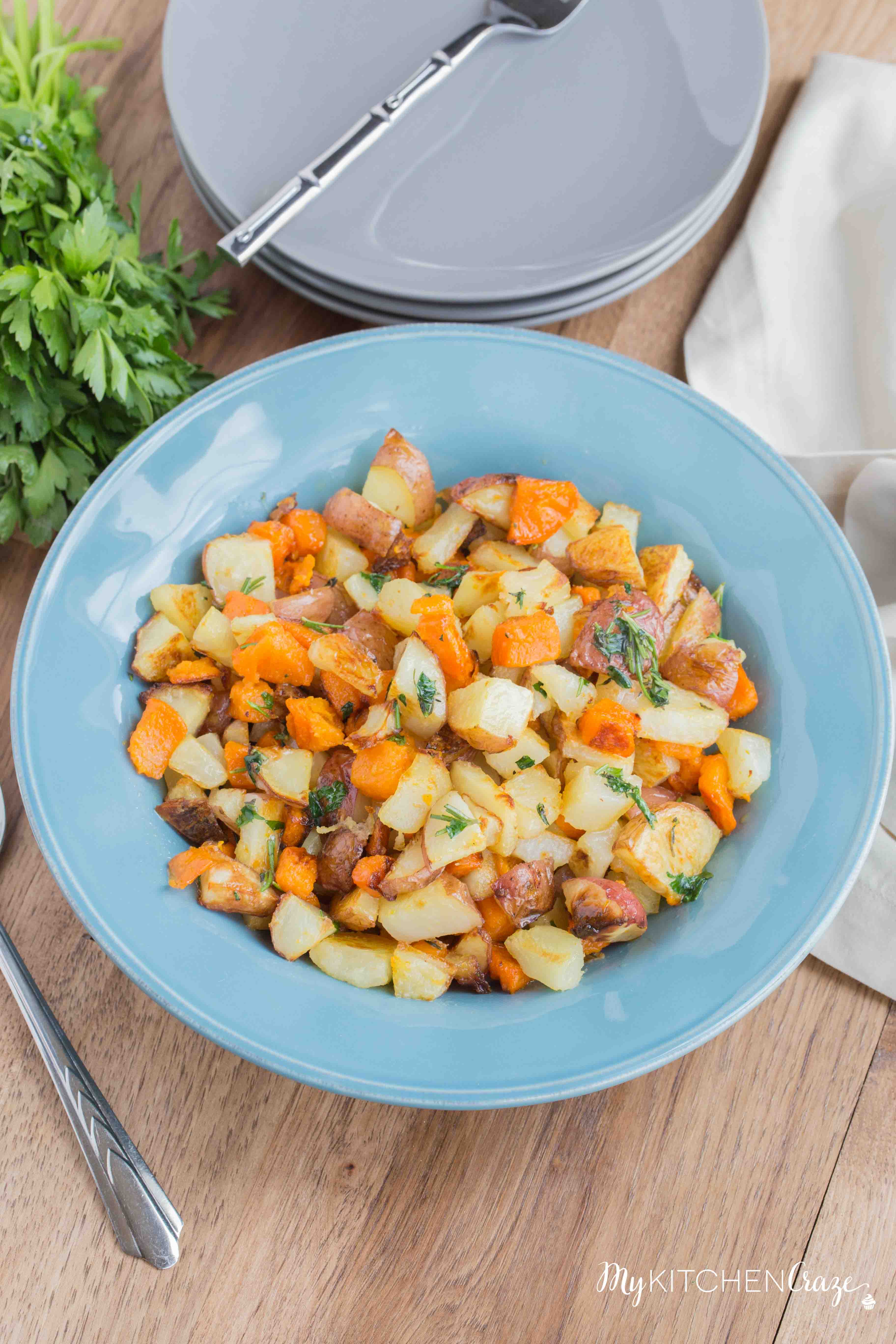 Roasted Herb Potato Medley ~ mykitchencraze.com ~ Perfect side dish to any main entree. Tender roasted potato medley, sprinkled with fresh herbs. Everyone will love this side!