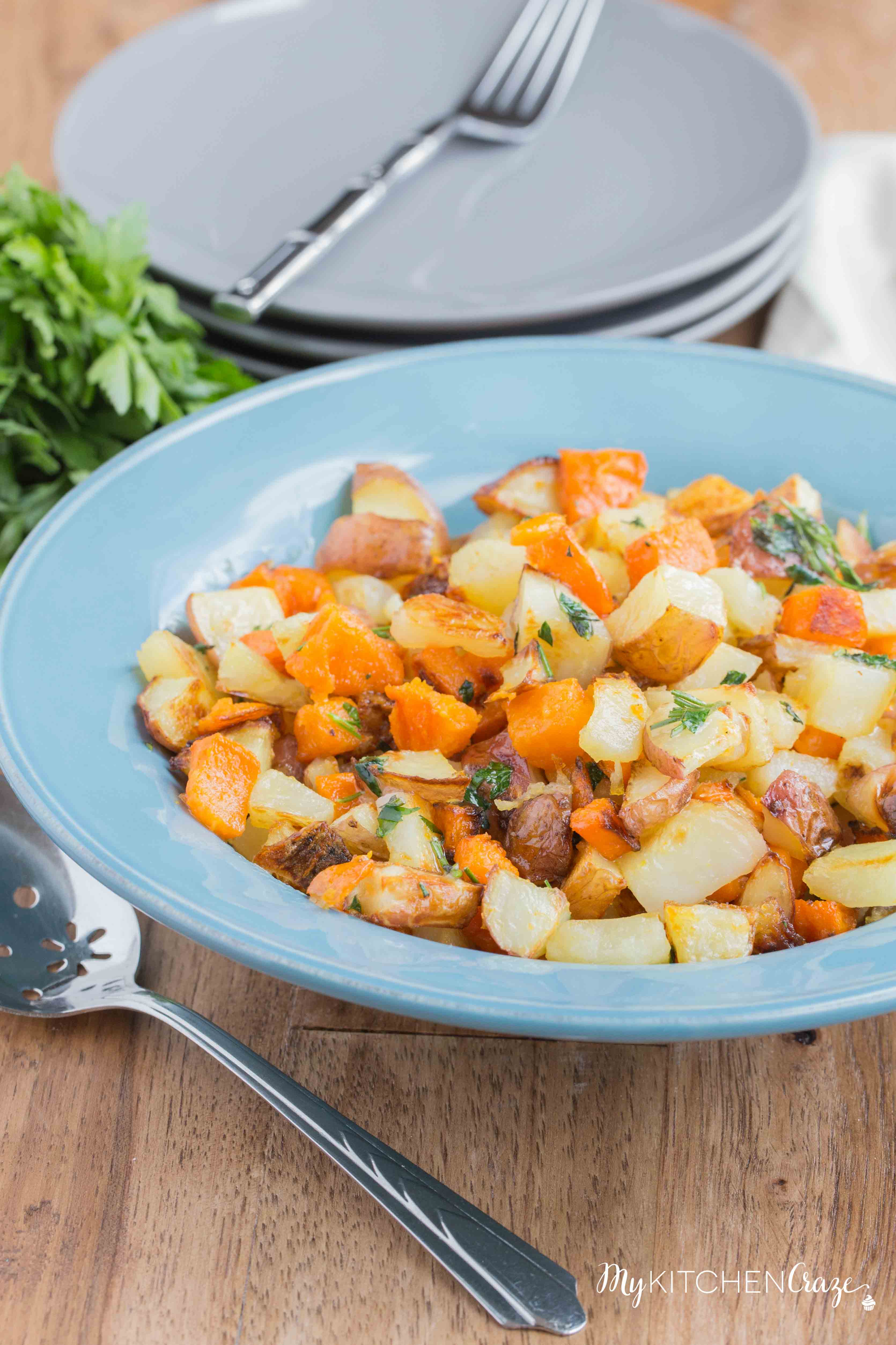 Roasted Herb Potato Medley ~ mykitchencraze.com ~ Perfect side dish to any main entree. Tender roasted potato medley, sprinkled with fresh herbs. Everyone will love this side!