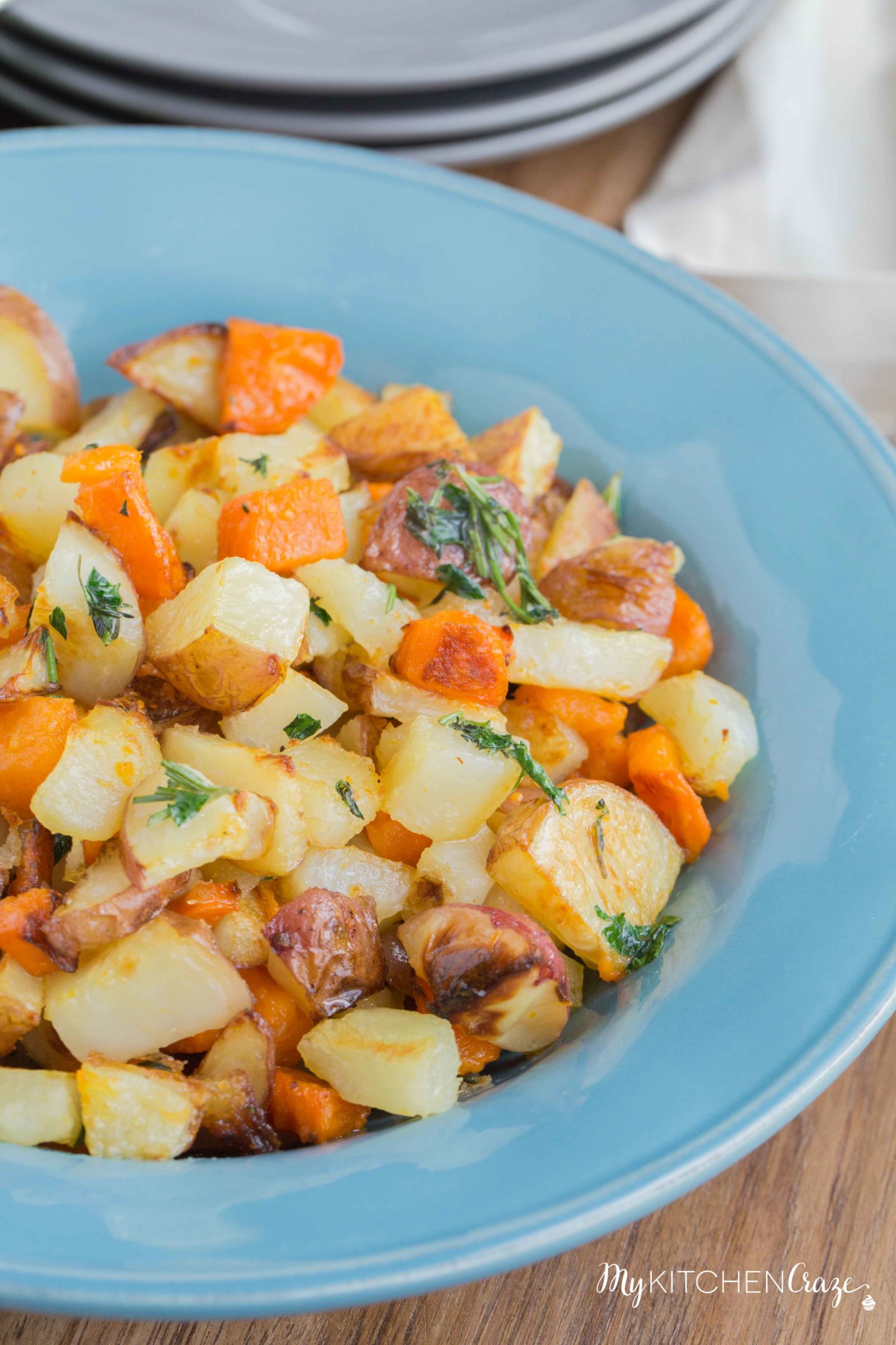 Roasted Herb Potato Medley ~ mykitchencraze.com ~ Perfect side dish to any main entree. Tender roasted potato medley, sprinkled with fresh herbs. Everyone will love this side!