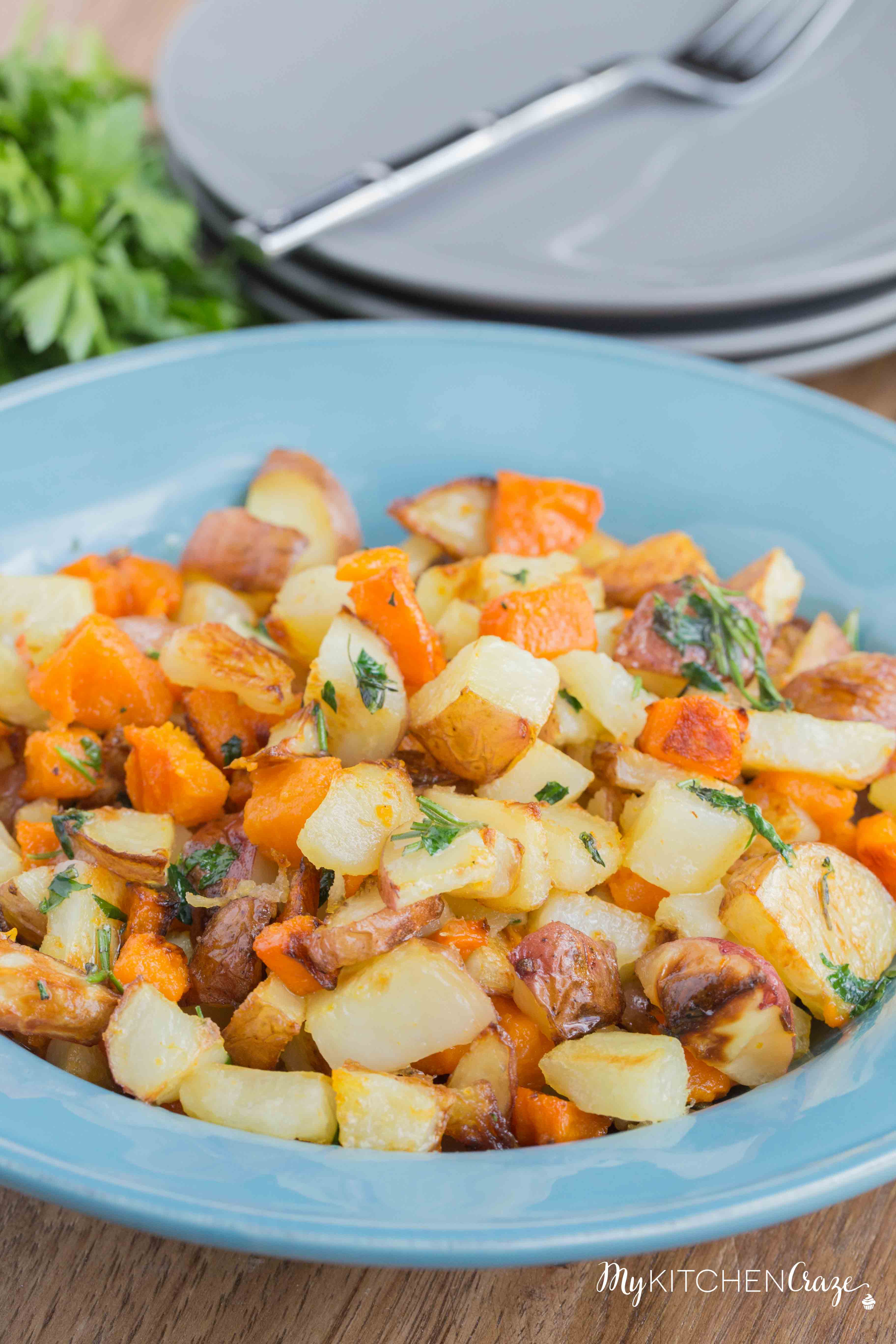 Roasted Herb Potato Medley ~ mykitchencraze.com ~ Perfect side dish to any main entree. Tender roasted potato medley, sprinkled with fresh herbs. Everyone will love this side!