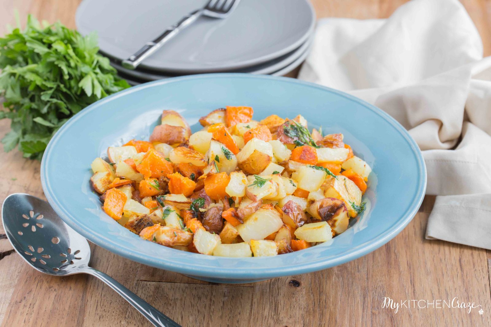 Roasted Herb Potato Medley ~ mykitchencraze.com ~ Perfect side dish to any main entree. Tender roasted potato medley, sprinkled with fresh herbs. Everyone will love this side!