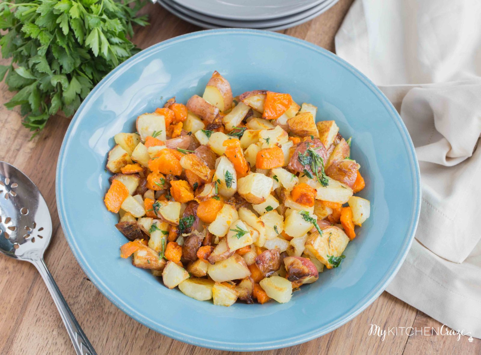 Roasted Herb Potato Medley ~ mykitchencraze.com ~ Perfect side dish to any main entree. Tender roasted potato medley, sprinkled with fresh herbs. Everyone will love this side!