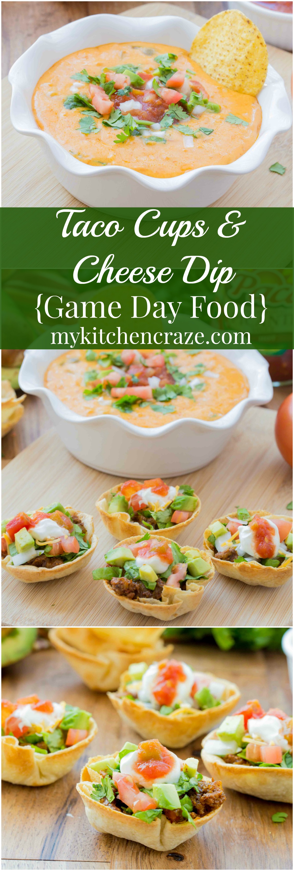 Taco Cups & Cheese Dip {Game Day Food} ~ Do you love to have snacks and appetizers on game day? Then you need to make these delicious Taco Cups and creamy Cheese Dip. Perfect foods to cheer on your favorite team. Go team!