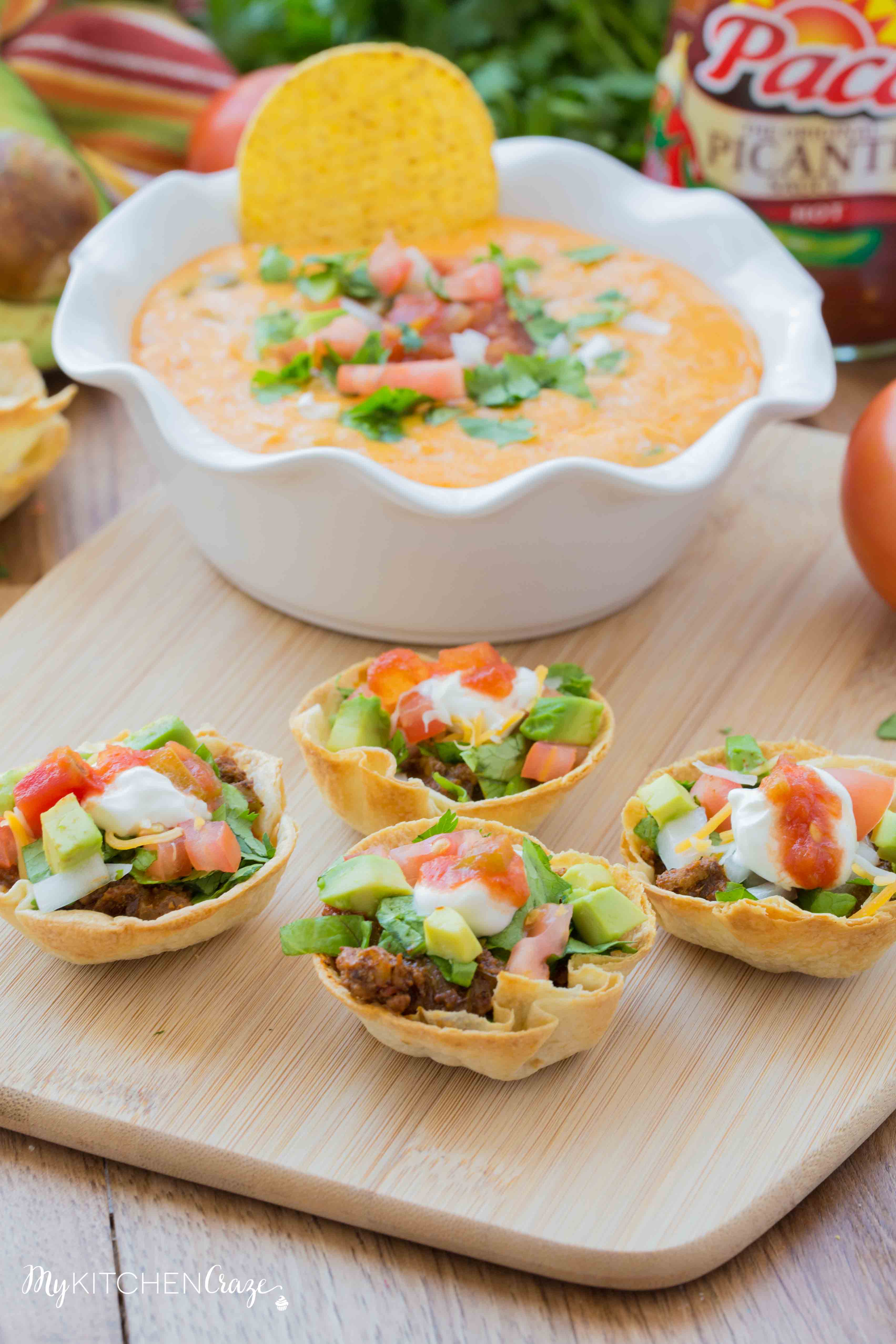 Taco Cups & Cheese Dip {Game Day Food} ~ Do you love to have snacks and appetizers on game day? Then you need to make these delicious Taco Cups and creamy Cheese Dip. Perfect foods to cheer on your favorite team. Go team!