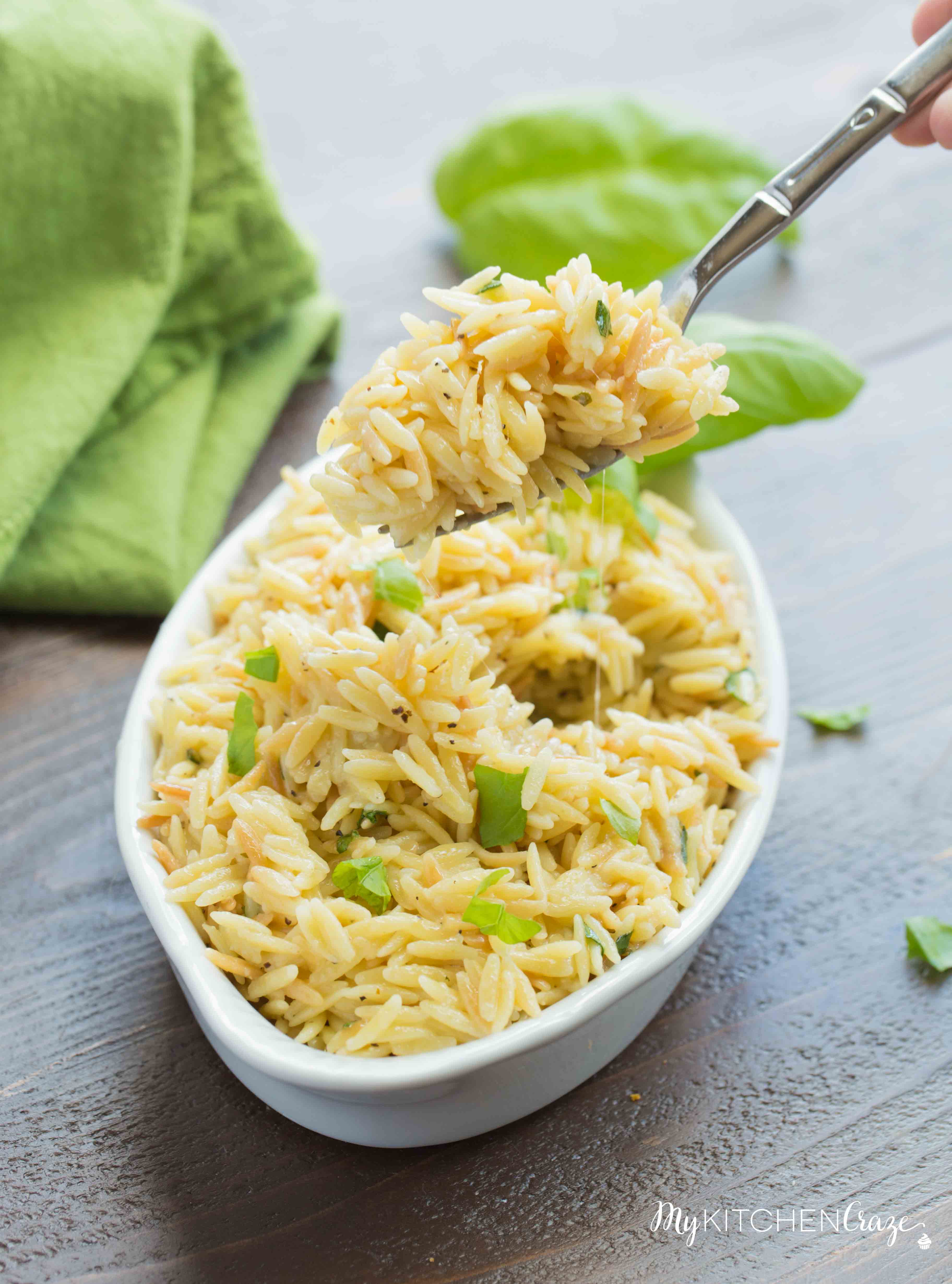 Cheesy Basil Orzo ~ Only 6 ingredients are all you need to make this fresh pasta side recipe. The cheese and basil brighten the dish making it perfect for any main.