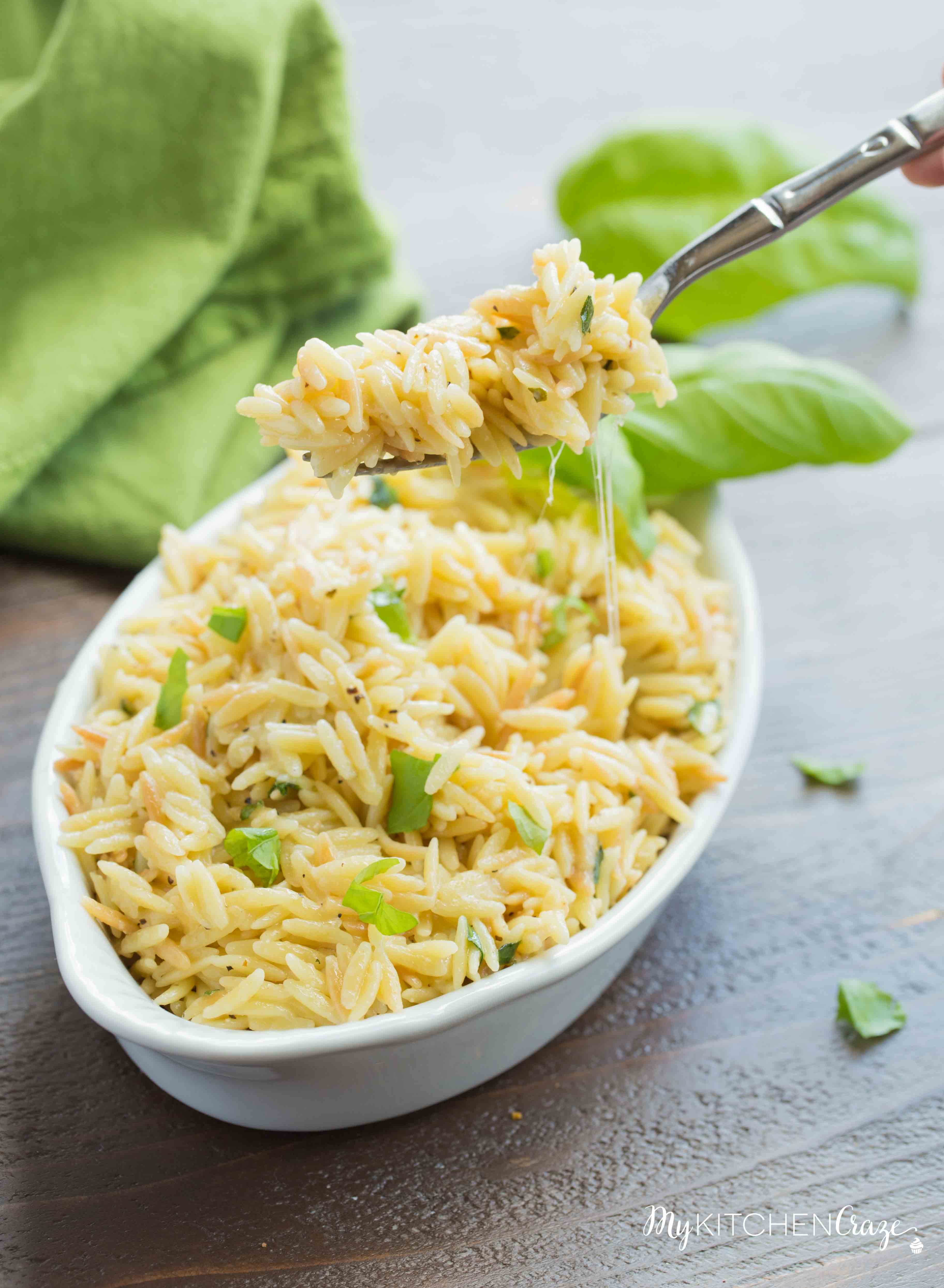 Cheesy Basil Orzo ~ Only 6 ingredients are all you need to make this fresh pasta side recipe. The cheese and basil brighten the dish making it perfect for any main.