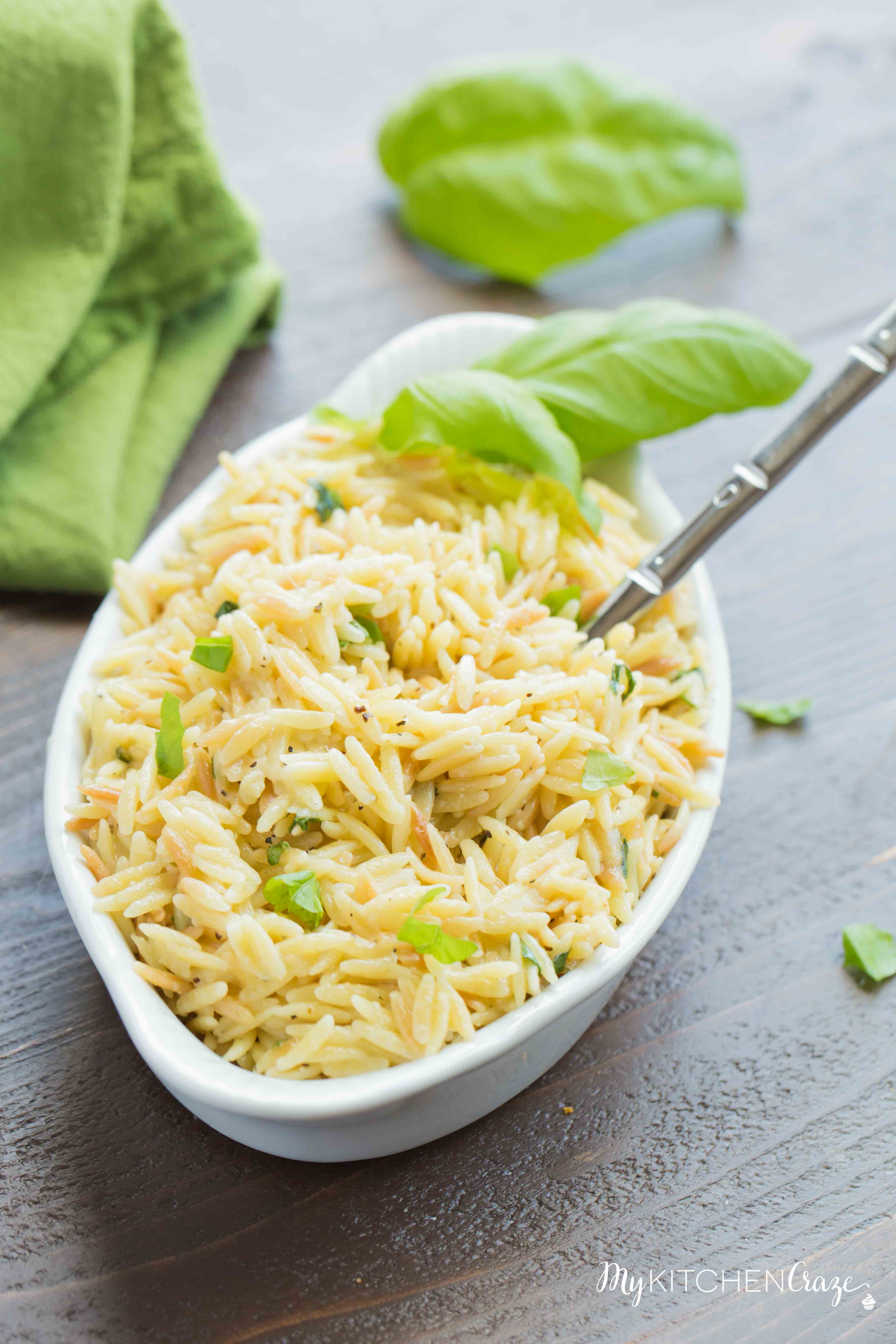 Cheesy Basil Orzo ~ Only 6 ingredients are all you need to make this fresh pasta side recipe. The cheese and basil brighten the dish making it perfect for any main.