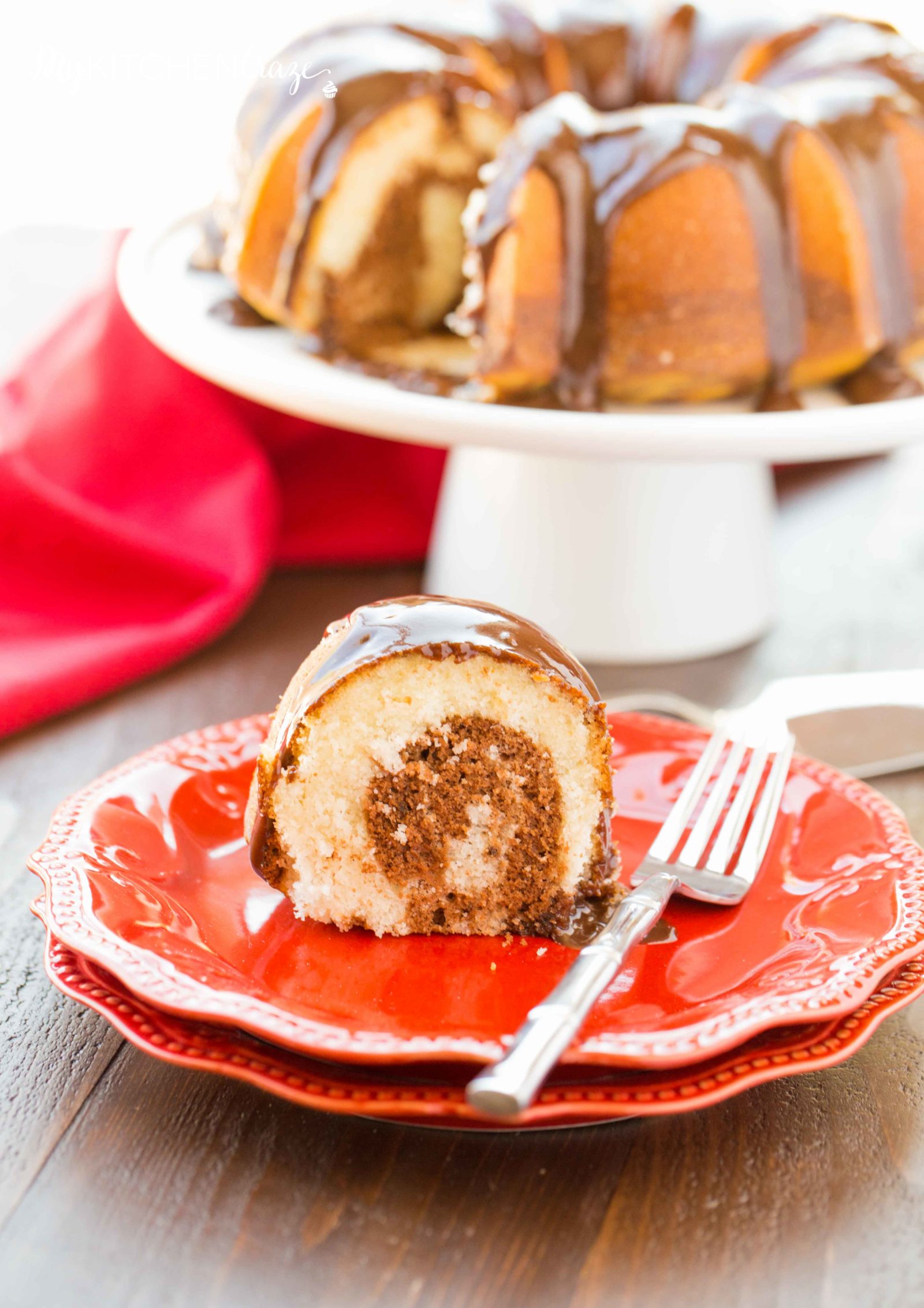 Marble Bundt Cake ~ mykitchencraze.com ~ Super easy marble bundt cake, topped with luscious chocolate ganache. This is one cake you'll want to make!