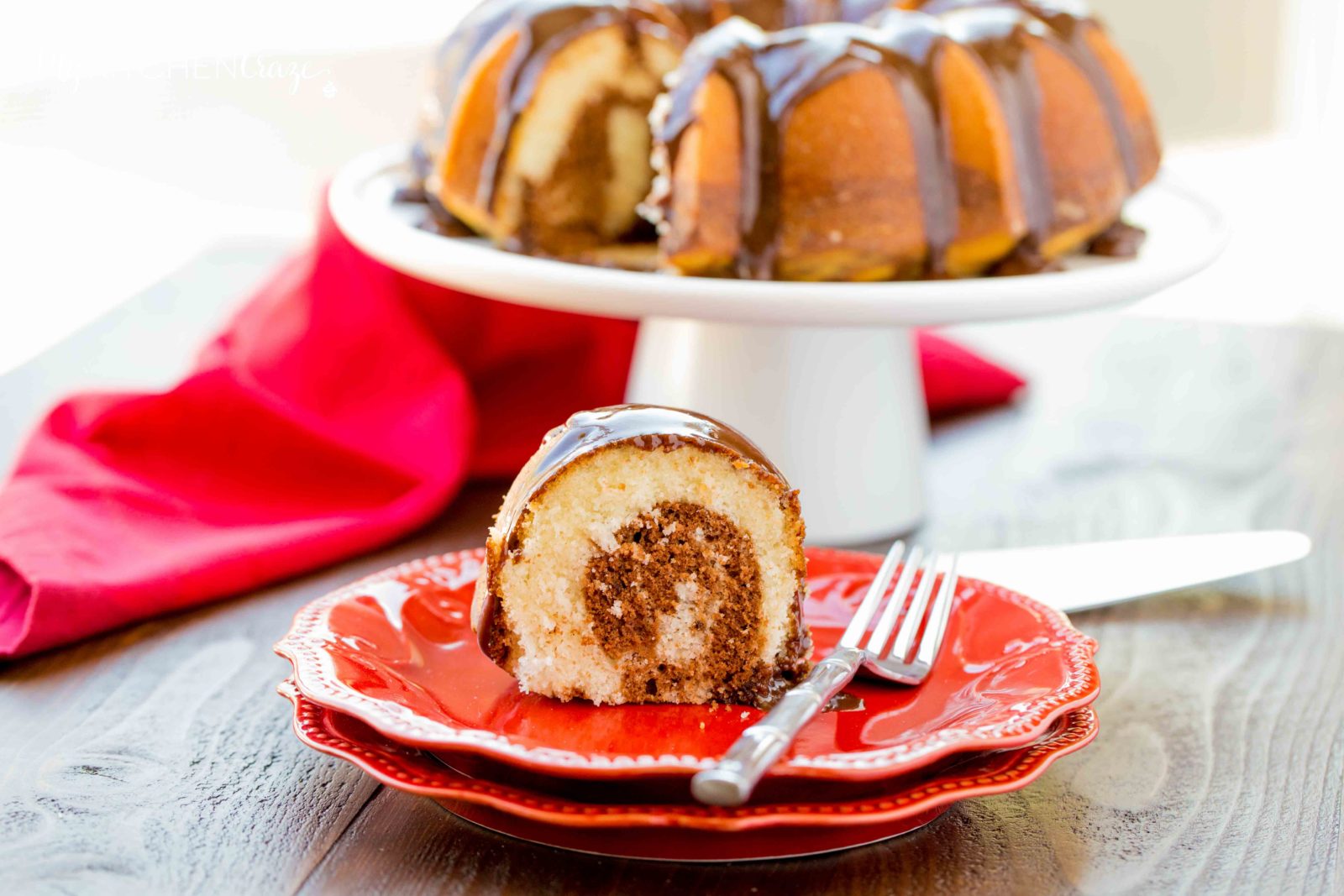 Marble Bundt Cake ~ mykitchencraze.com ~ Super easy marble bundt cake, topped with luscious chocolate ganache. This is one cake you'll want to make!