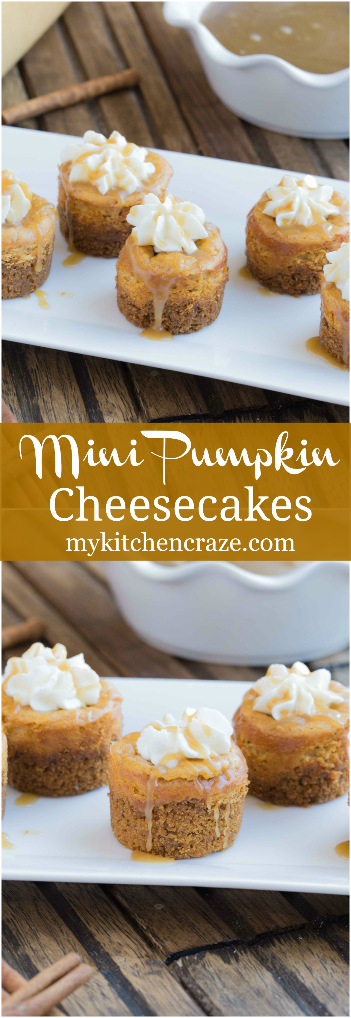 Mini Pumpkin Cheesecakes are the perfect fall dessert! Creamy cheesecake has the perfect hint of pumpkin, topped with homemade whipped cream and caramel sauce. It doesn't get much better than these cute mini cheesecakes this season!