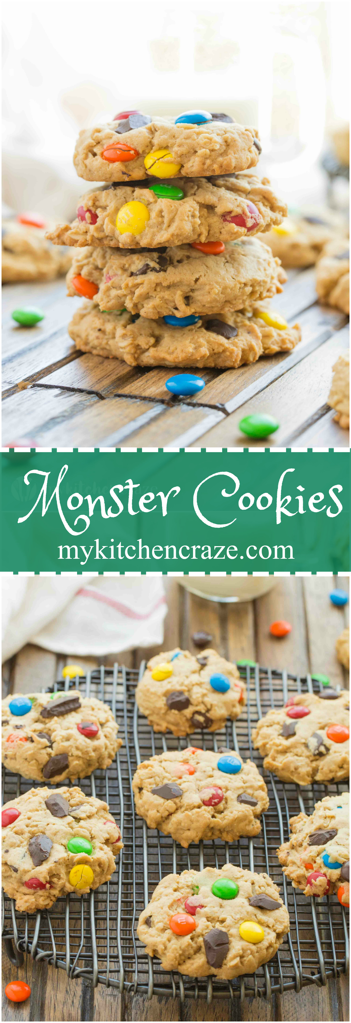Monster Cookies are everything you want in a cookie and more. These cookies are loaded with bright colorful chocolate candies, chocolate chips, peanut butter and oats. Delicious!