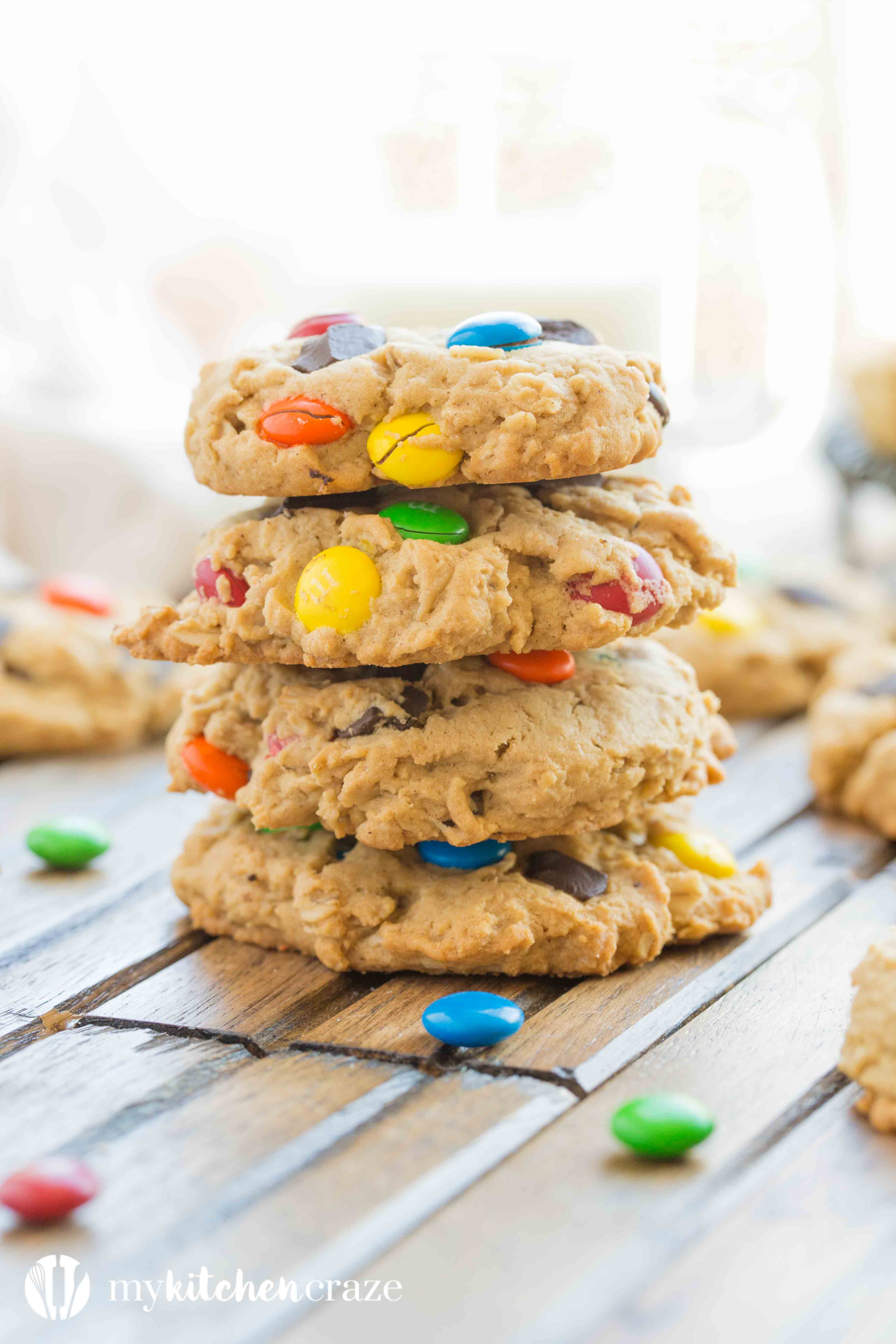 Monster Cookies are everything you want in a cookie and more. These cookies are loaded with bright colorful chocolate candies, chocolate chips, peanut butter and oats. Delicious!