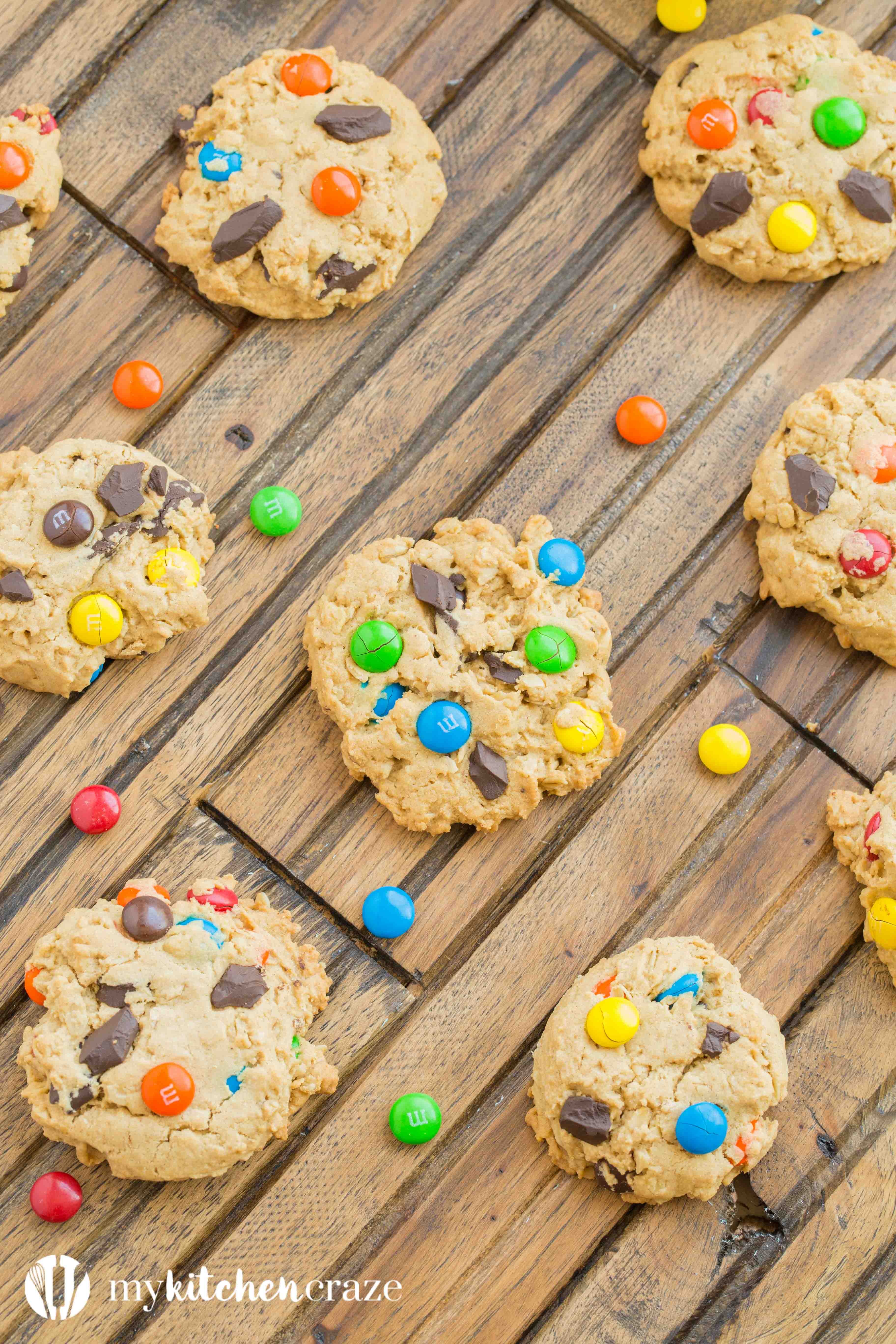 Monster Cookies are everything you want in a cookie and more. These cookies are loaded with bright colorful chocolate candies, chocolate chips, peanut butter and oats. Delicious!