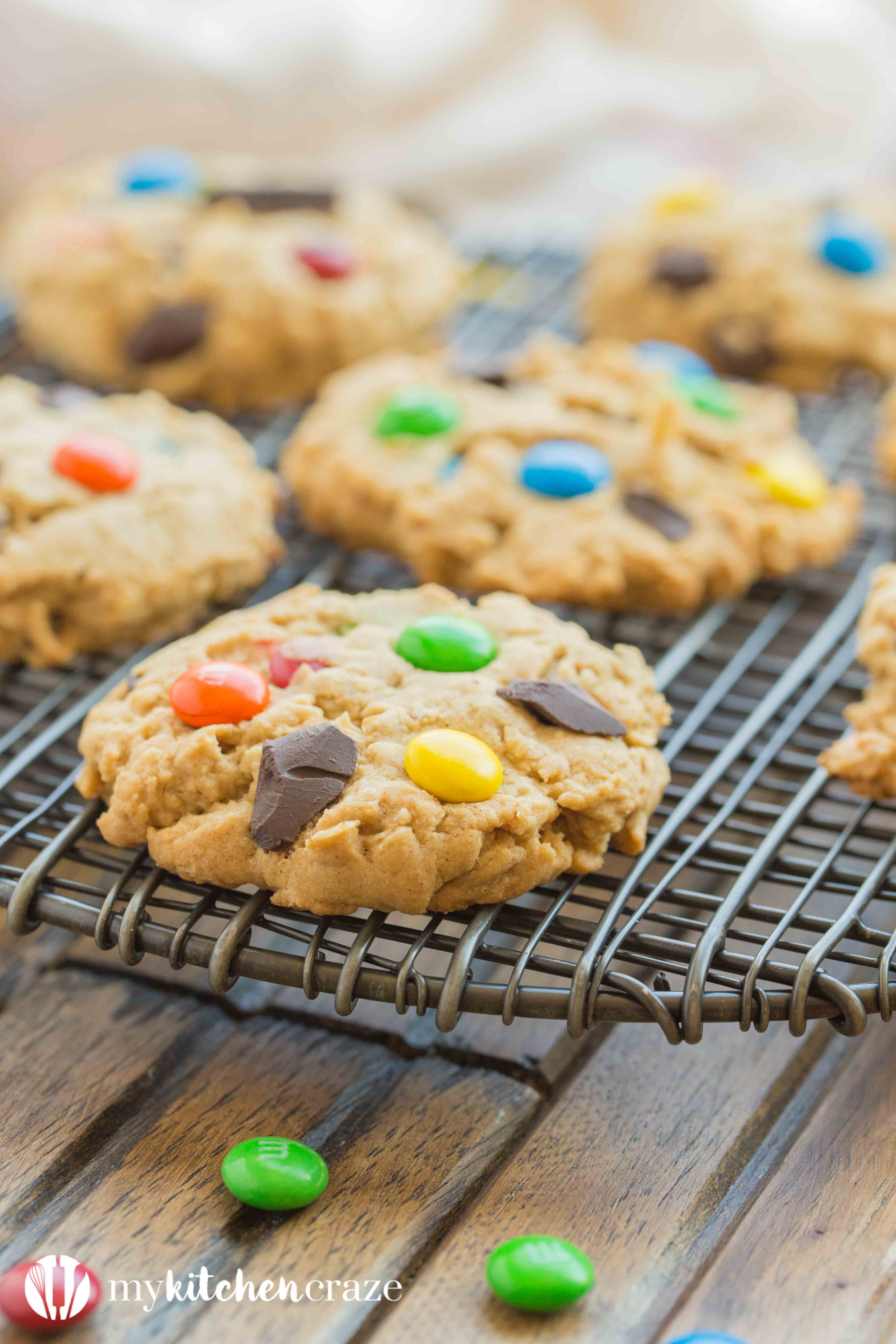 Monster Cookies are everything you want in a cookie and more. These cookies are loaded with bright colorful chocolate candies, chocolate chips, peanut butter and oats. Delicious!