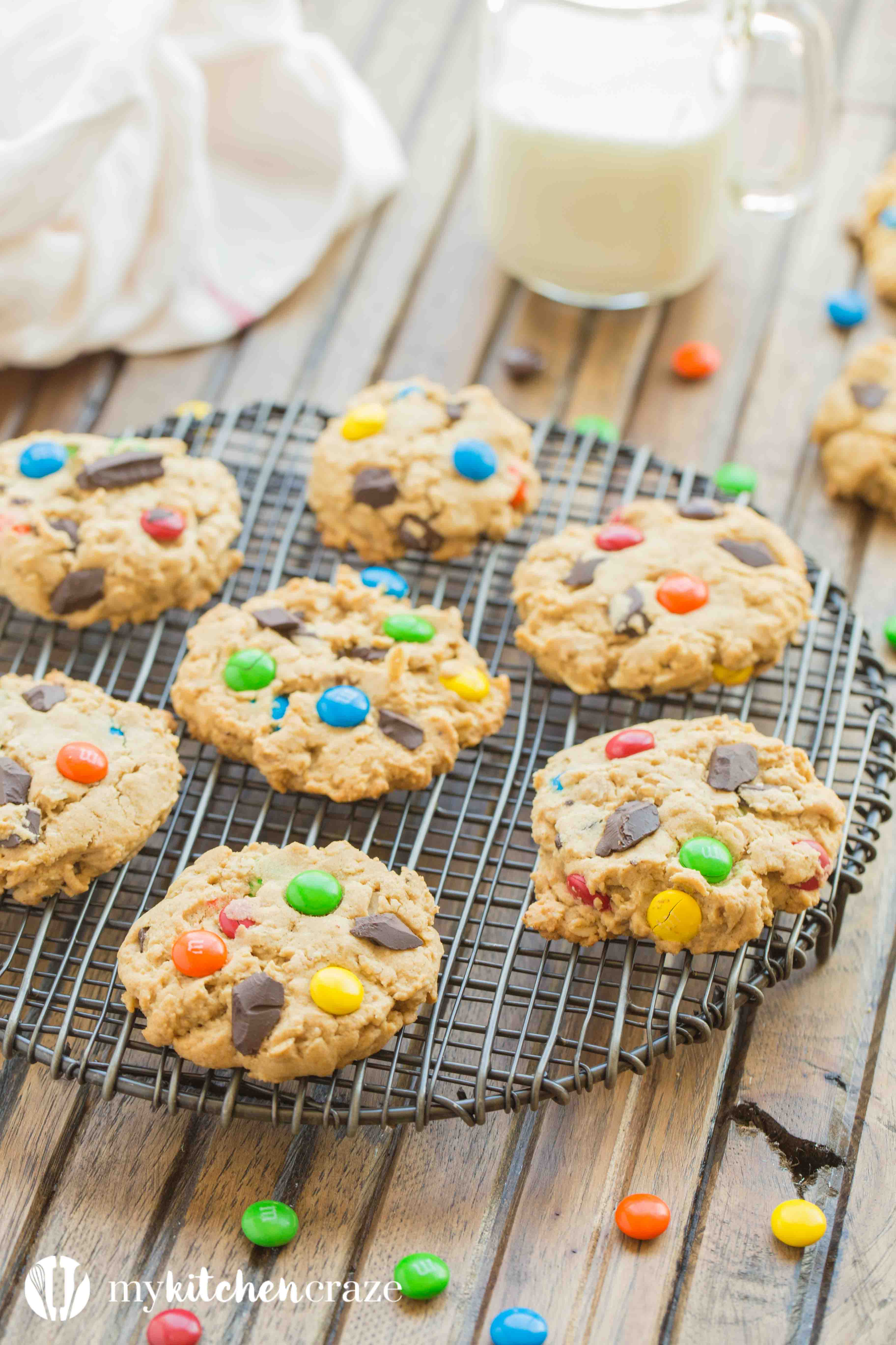 Monster Cookies are everything you want in a cookie and more. These cookies are loaded with bright colorful chocolate candies, chocolate chips, peanut butter and oats. Delicious!