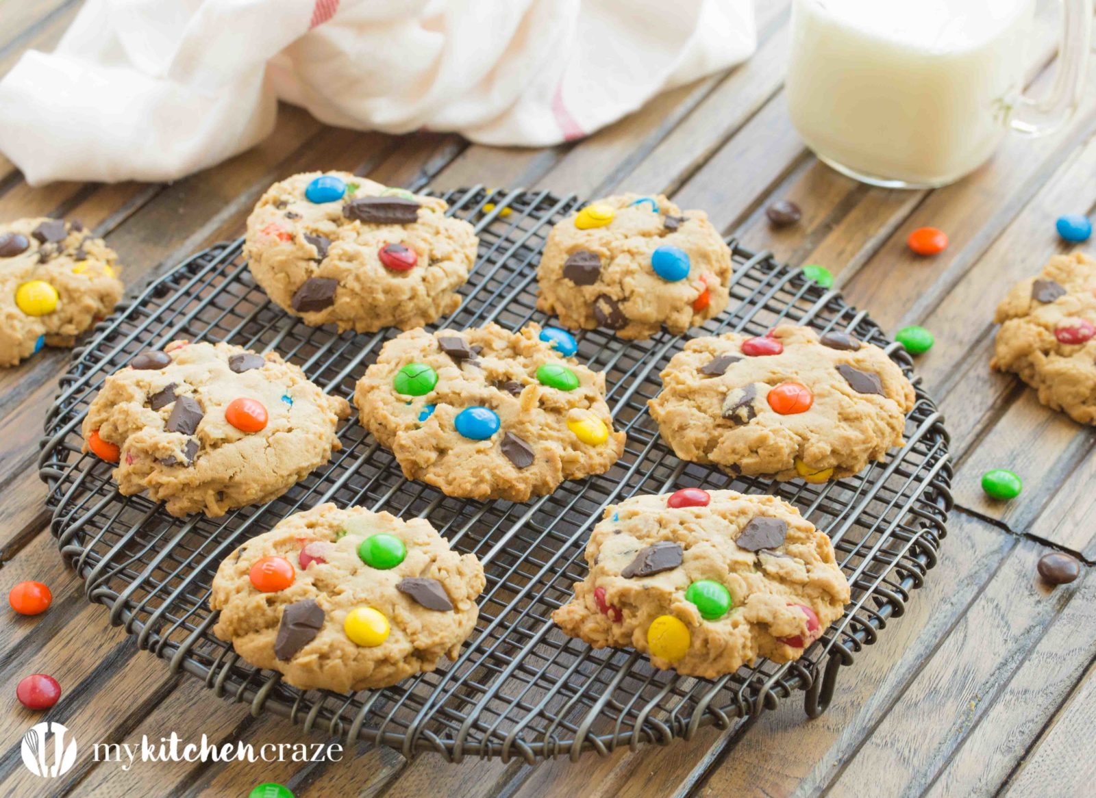 Monster Cookies are everything you want in a cookie and more. These cookies are loaded with bright colorful chocolate candies, chocolate chips, peanut butter and oats. Delicious!