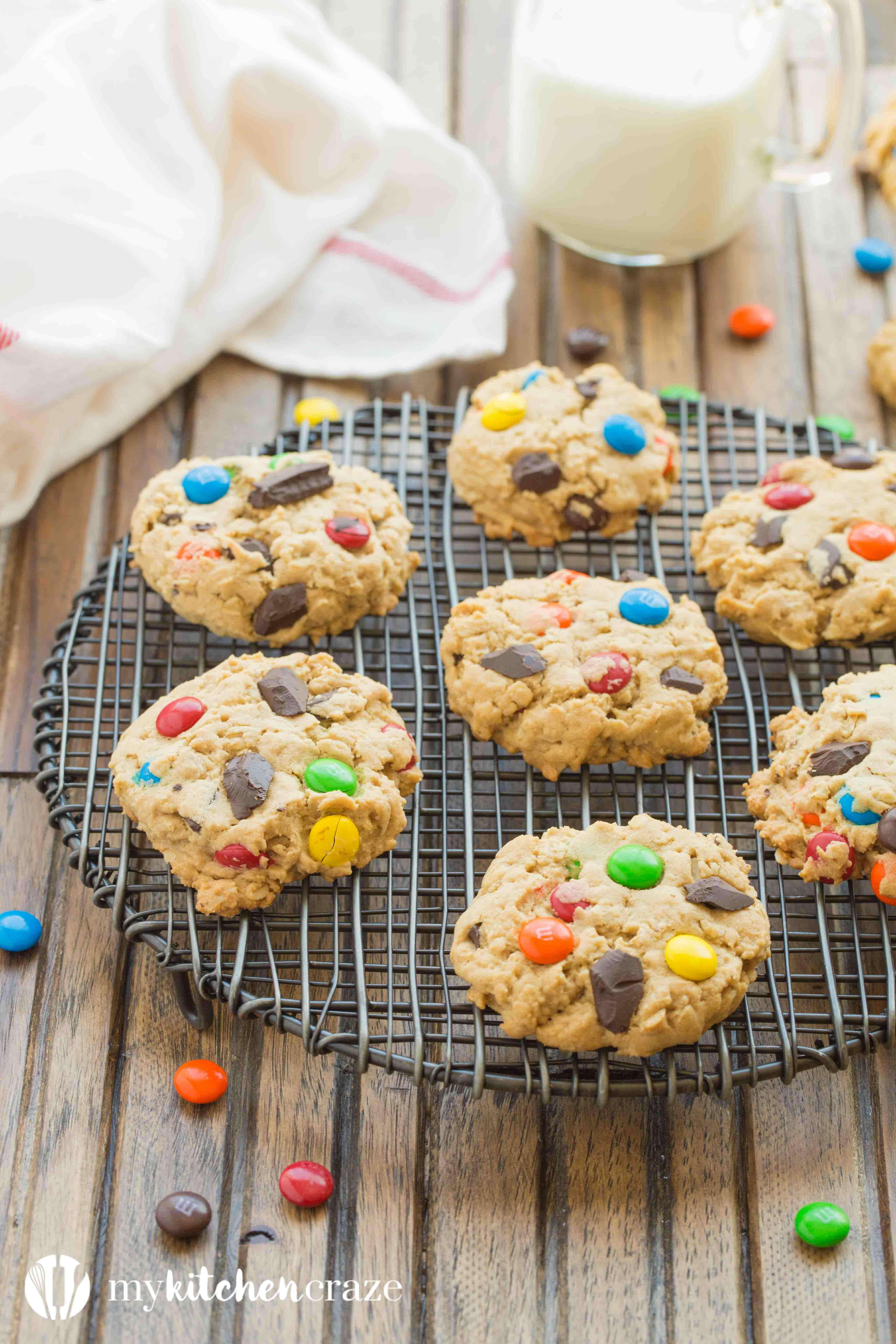 Monster Cookies are everything you want in a cookie and more. These cookies are loaded with bright colorful chocolate candies, chocolate chips, peanut butter and oats. Delicious!