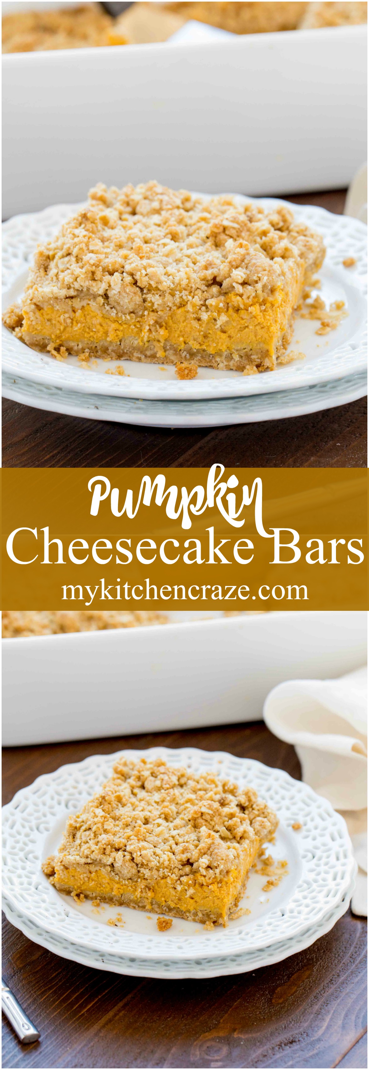 Pumpkin Cheesecake Bars ~ When you combine pumpkin & cheesecake together, what do you get? Delicious PUMPKIN CHEESECAKE BARS! These bars are creamy with a crunchy topping and crust. Yum!