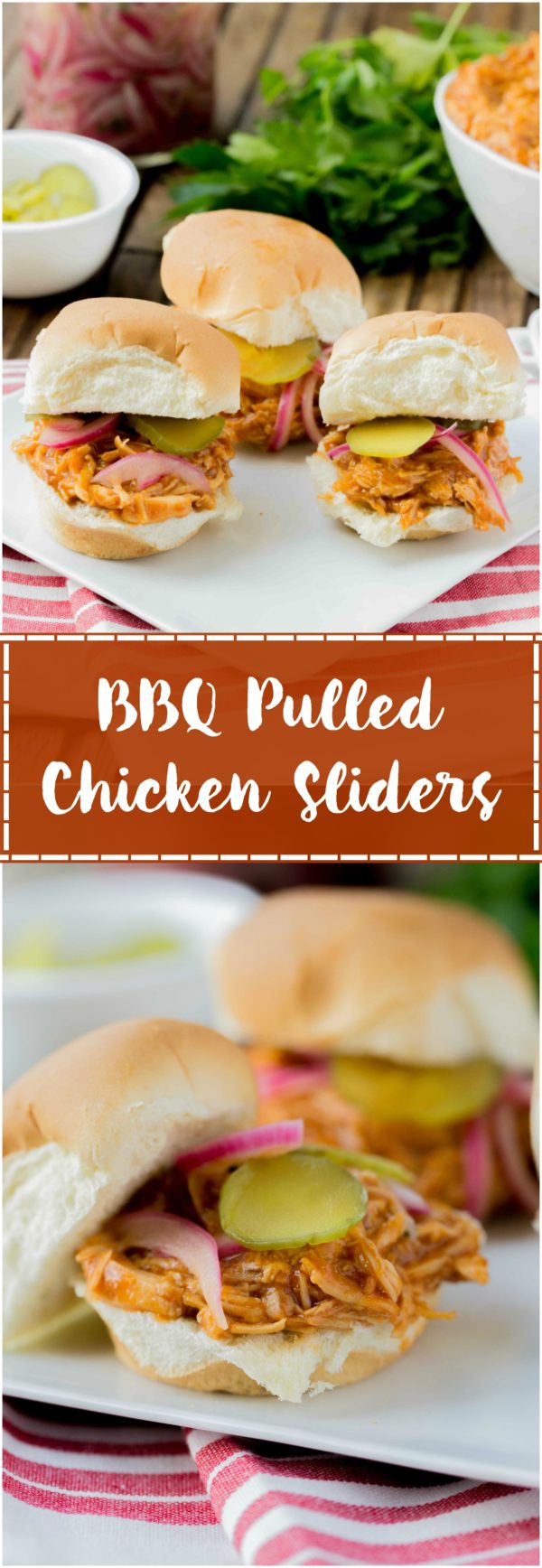BBQ Pulled Chicken Sliders are packed with delicious flavor! The chicken is slow cooked with Barbecue sauce then shredded or 'pulled' and piled on top of slider rolls. Perfect for a busy night or a fun gathering!