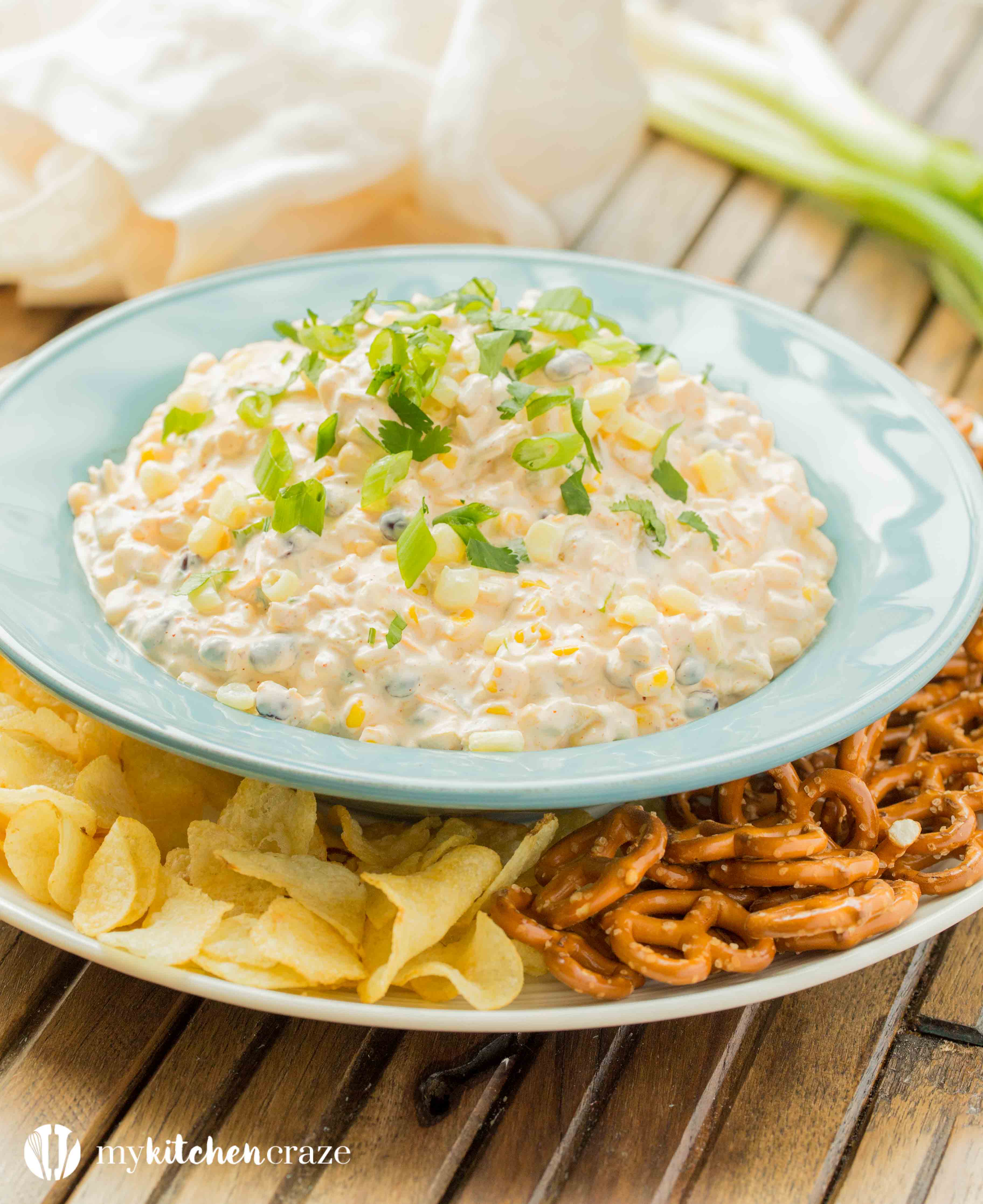 Spicy Corn Dip ~ Loaded with all kinds of yummy ingredients, this dip is perfect for a fun party or family day! Everyone will love this dip!