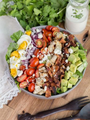 Cobb Salad ~ Crunchy veggies topped with blue cheese crumbles and your favorite dressing. This is one salad that you won’t have a problem eating and enjoying!
