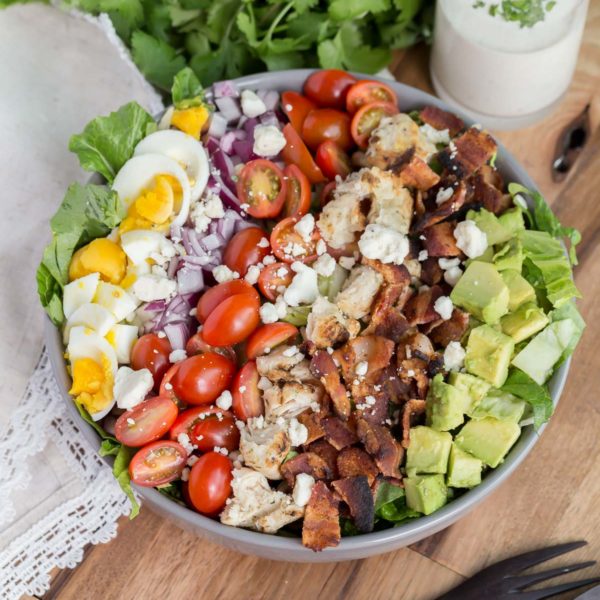 Cobb Salad ~ Crunchy veggies topped with blue cheese crumbles and your favorite dressing. This is one salad that you won’t have a problem eating and enjoying!