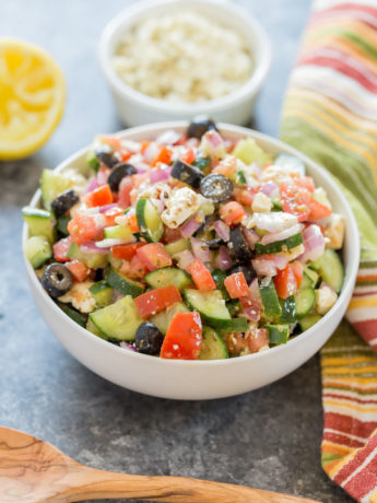 Greek Salad is perfect with any main dish. Throw it together and have a delicious side within minutes!