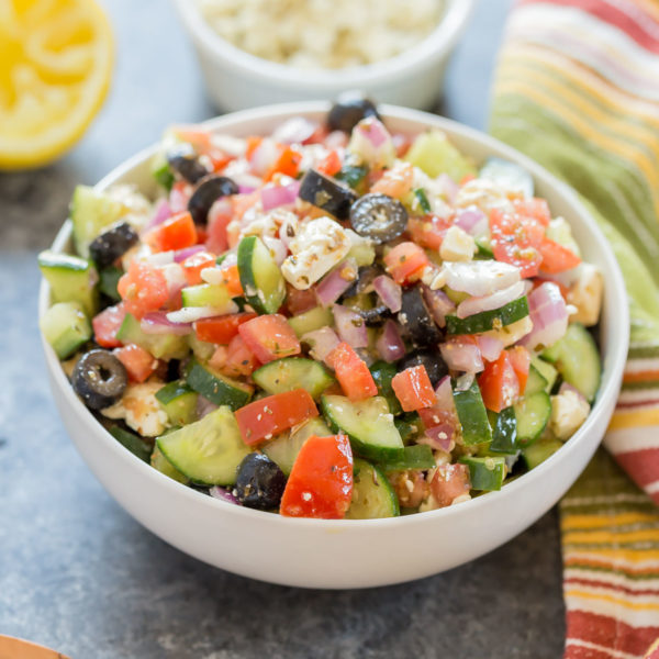 Greek Salad is perfect with any main dish. Throw it together and have a delicious side within minutes!