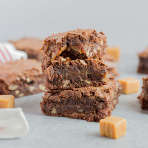 Caramel Pecan Brownies are soft, chewy, chocolate-y with caramel and pecans. These take regular brownies to the next level!